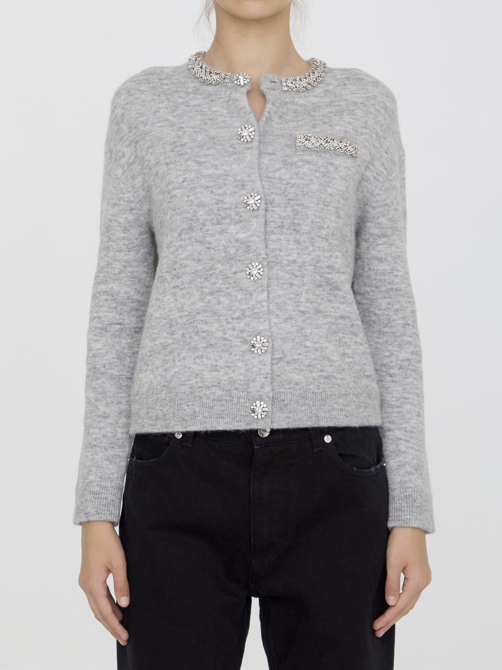 Shop Self-portrait Knit Cardigan In Grey