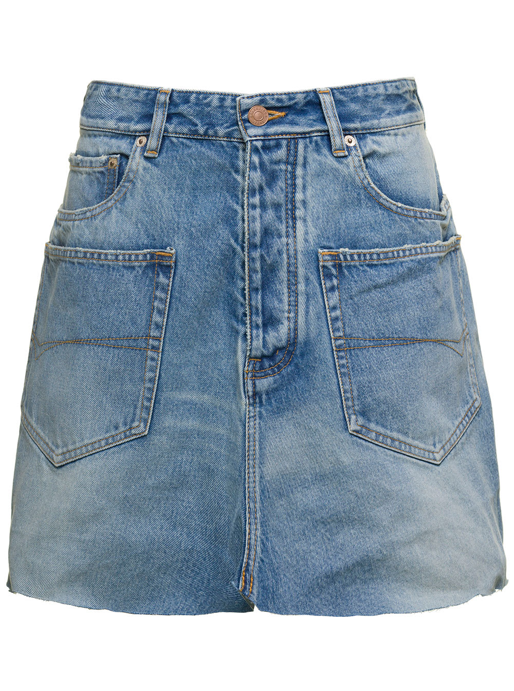 BALENCIAGA LIGHT BLUE MINI-SKIRT WITH PATCH POCKETS AND RAW EDGE IN COTTON DENIM WOMAN