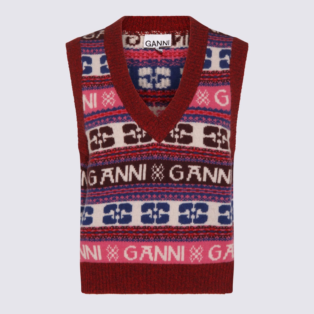 Shop Ganni Multicolour Wool Blend Jacquard Gilet