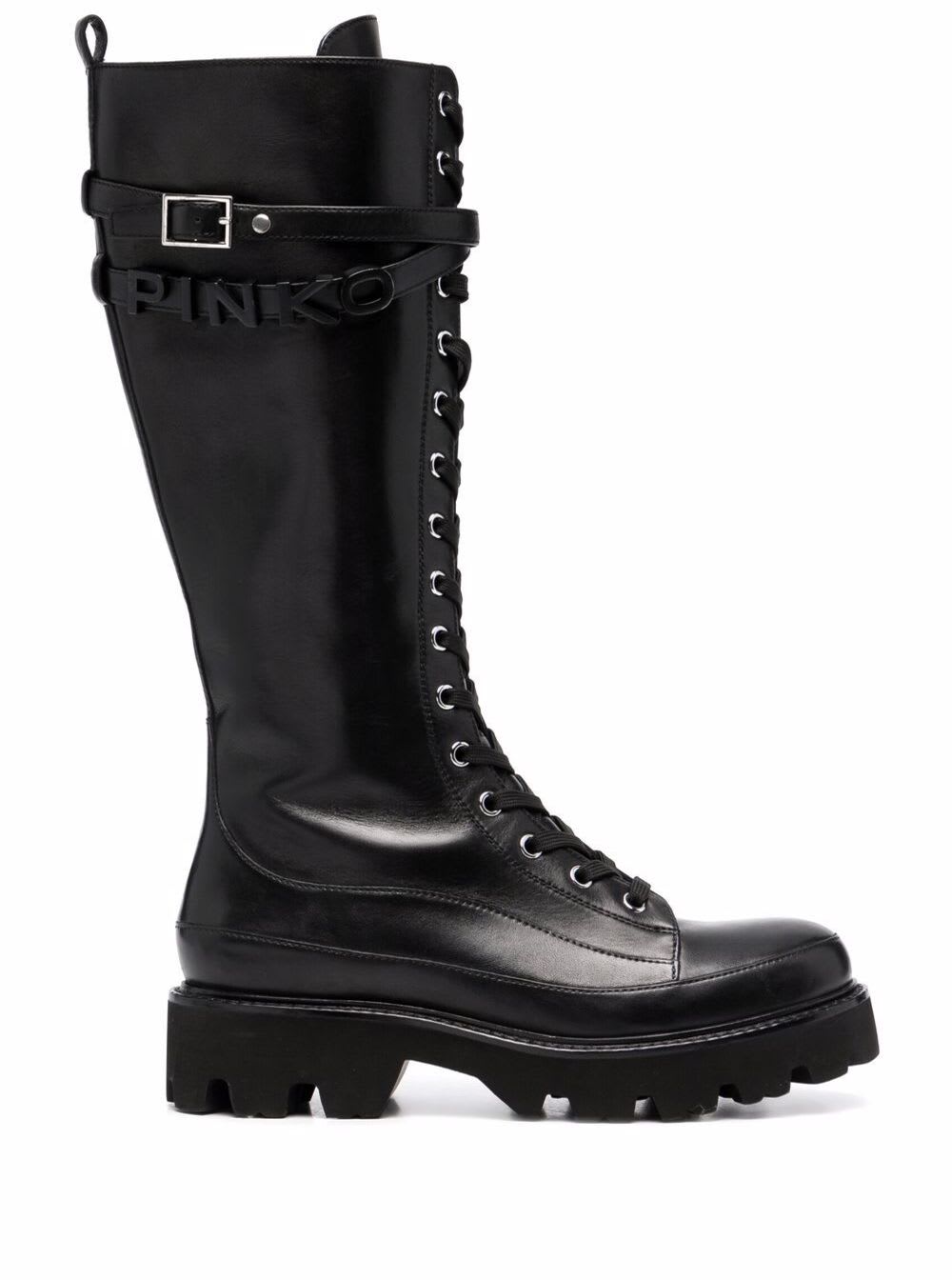 Pinko High Leather Boots With Logo