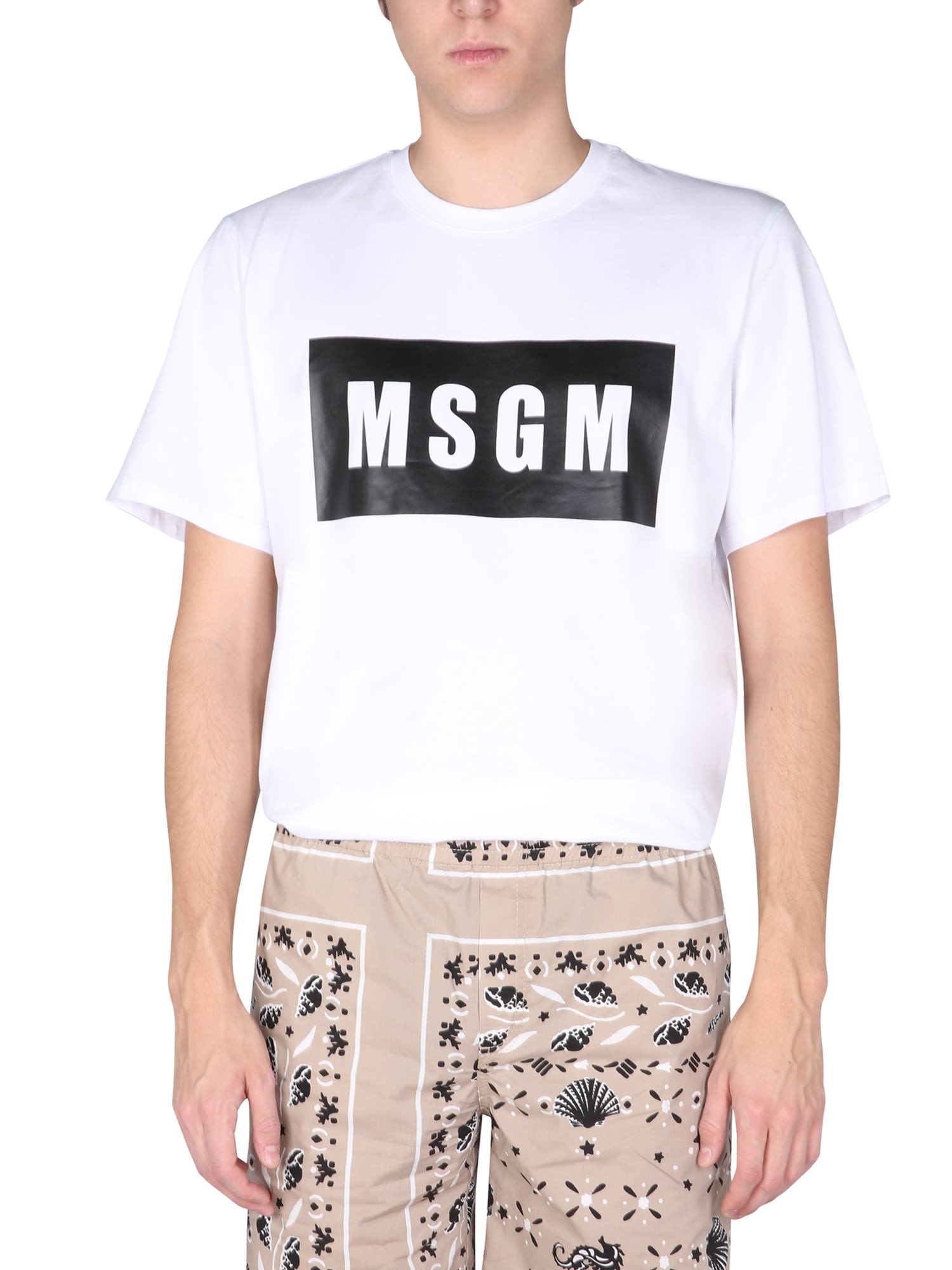 Shop Msgm T-shirt With Logo Box In Optical White
