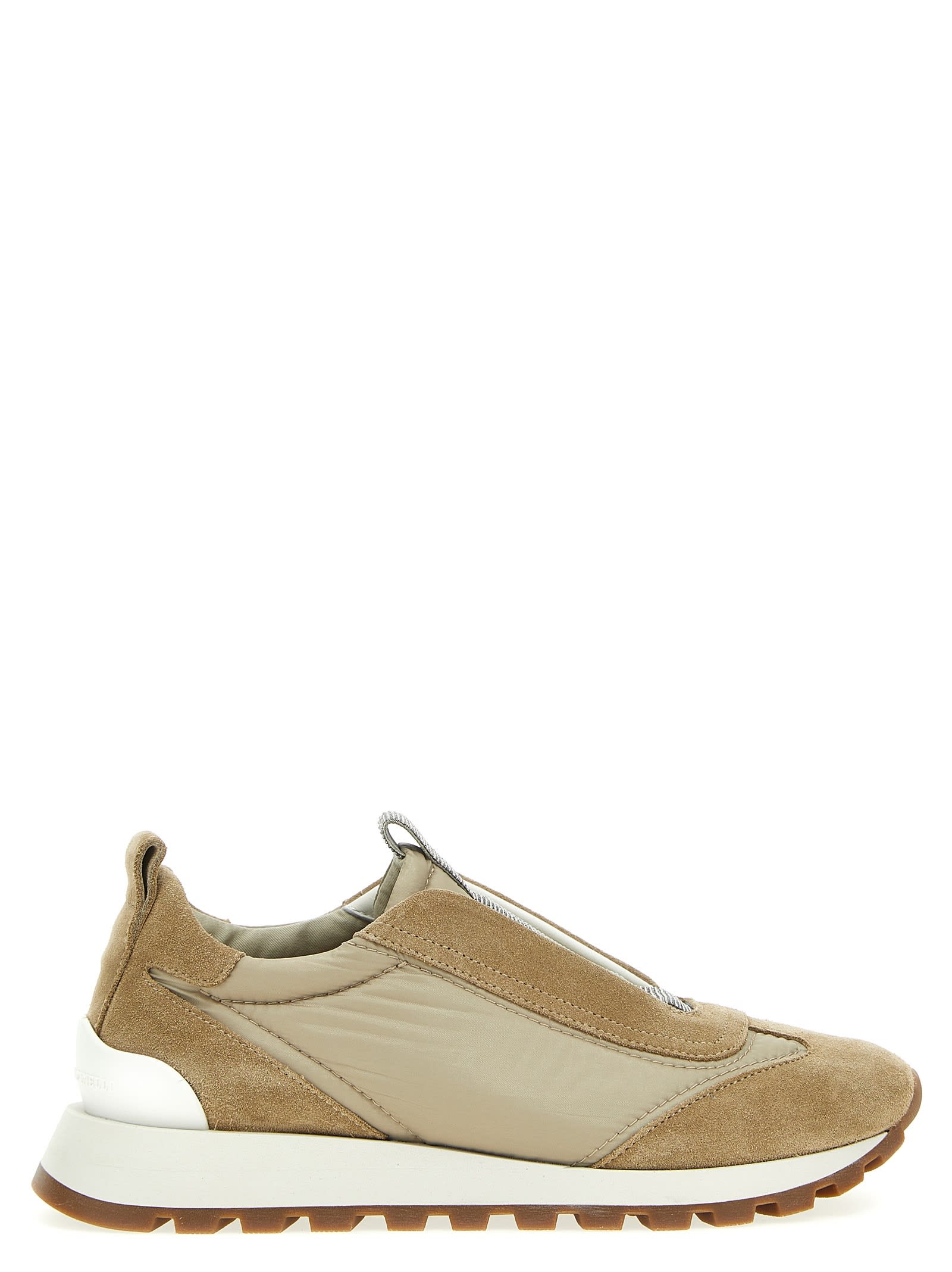 Brunello Cucinelli Runner Shoe In Suede And Taffeta Embellished With Threads Of Brilliant Monili