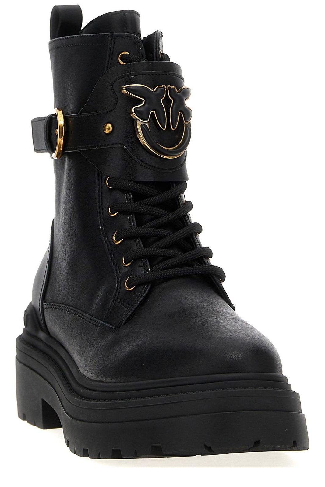 Shop Pinko Logo Plaque Combat Boots In Nero Limousine