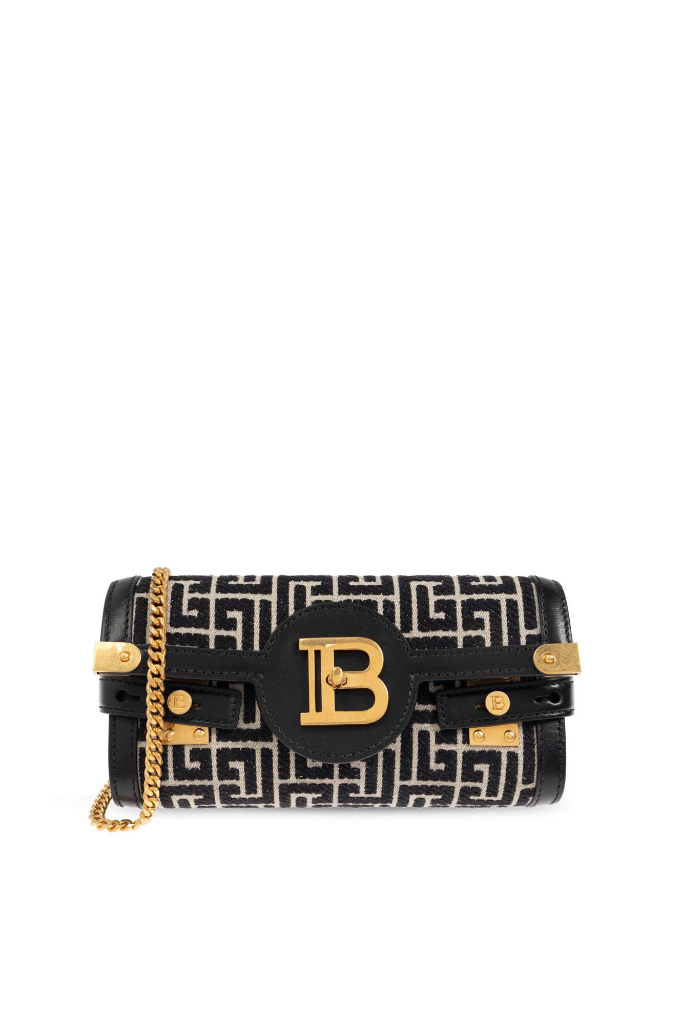 Balmain B-buzz Shoulder 24 Bag In Calfskin And Pb Jacquard Canvas