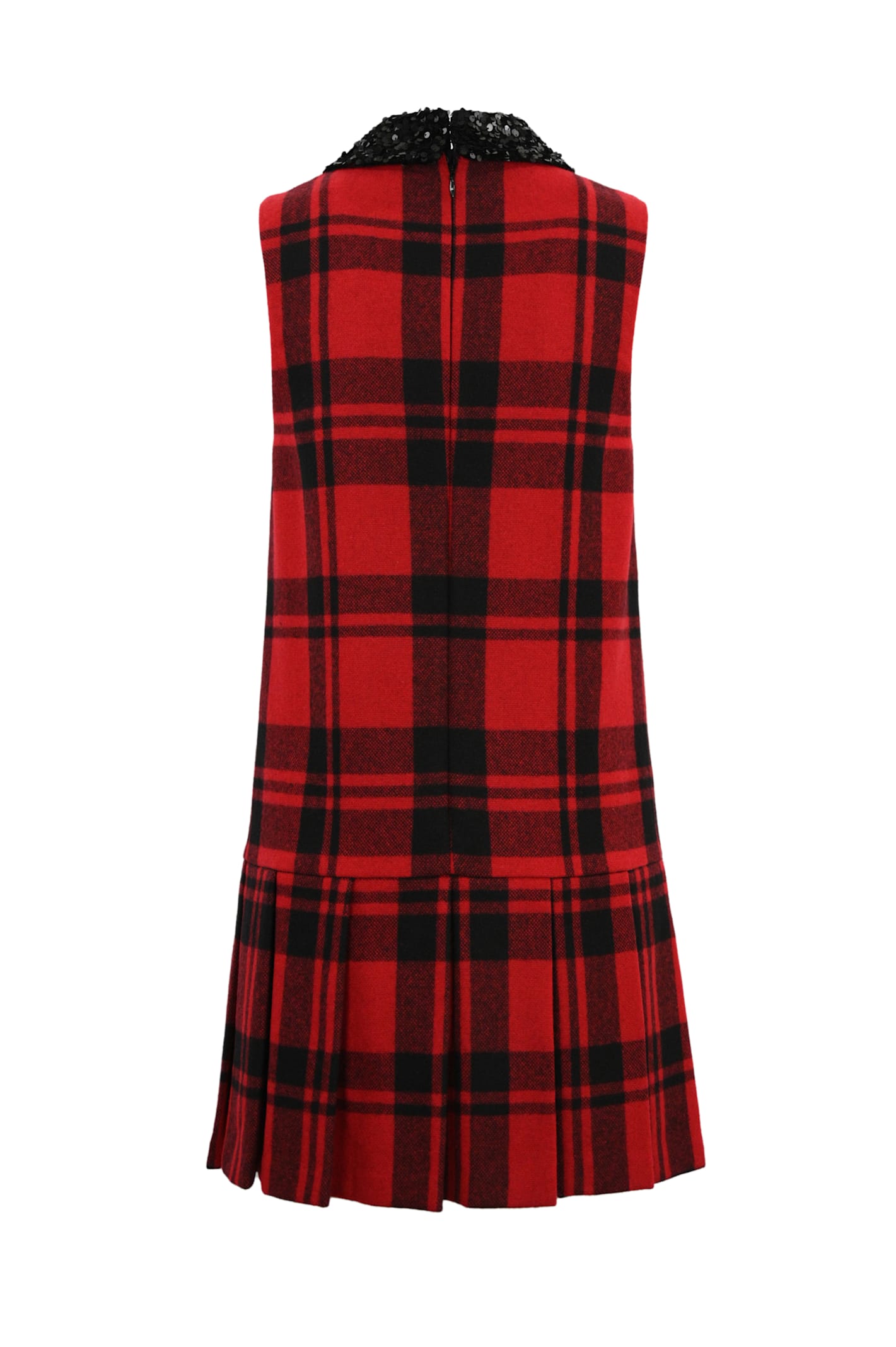 Shop Elisabetta Franchi Tartan Wool Dress With Logo Patch In Nero/red Passion