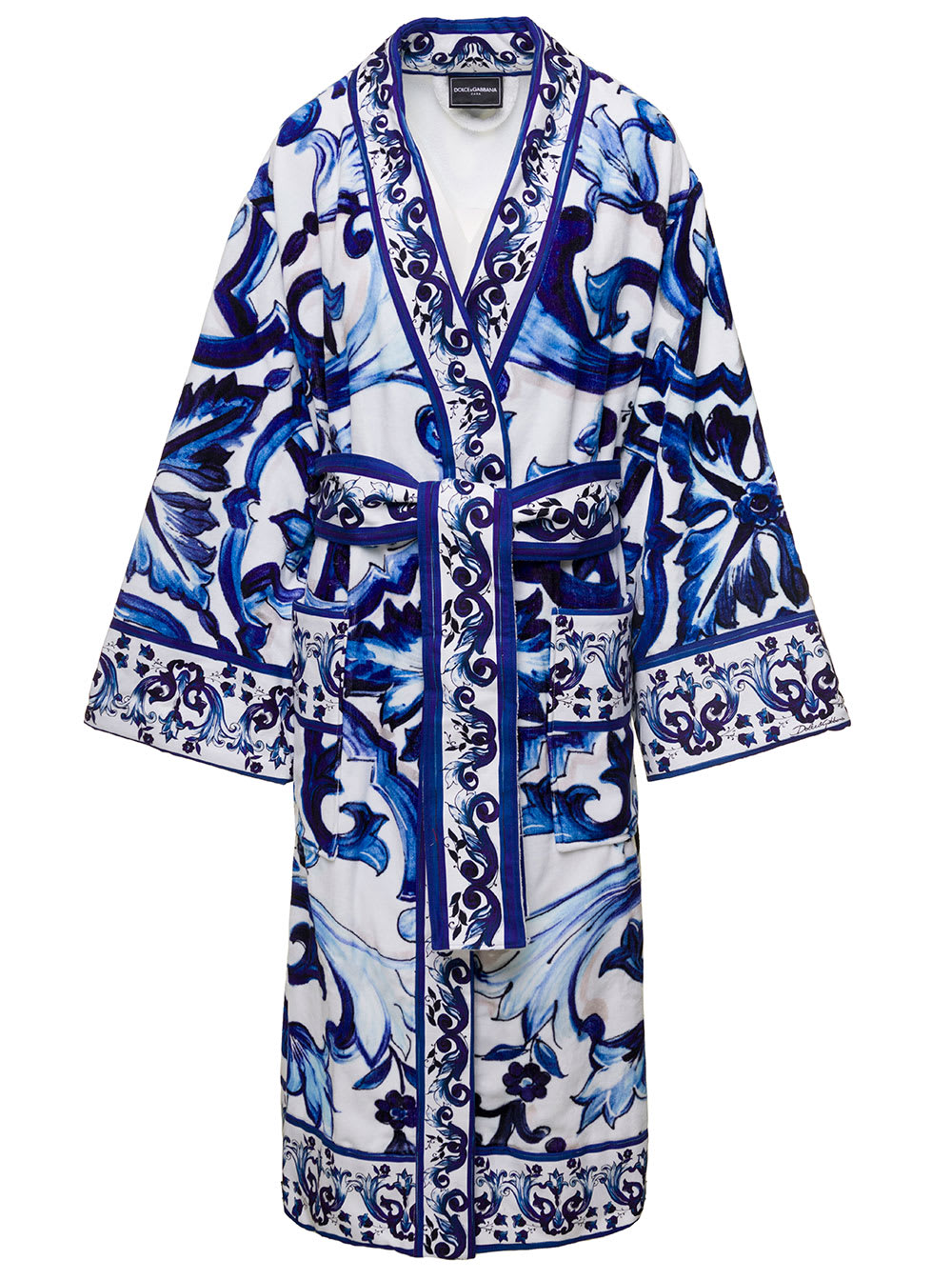 Shop Dolce & Gabbana Multicolor Kimono Bathrobe With All-over Blu Mediterraneo Print In Cotton