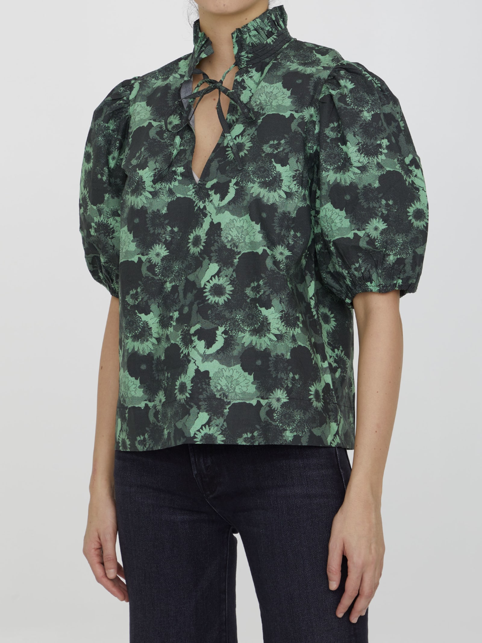 Ganni Floral Cotton Blouse In Green