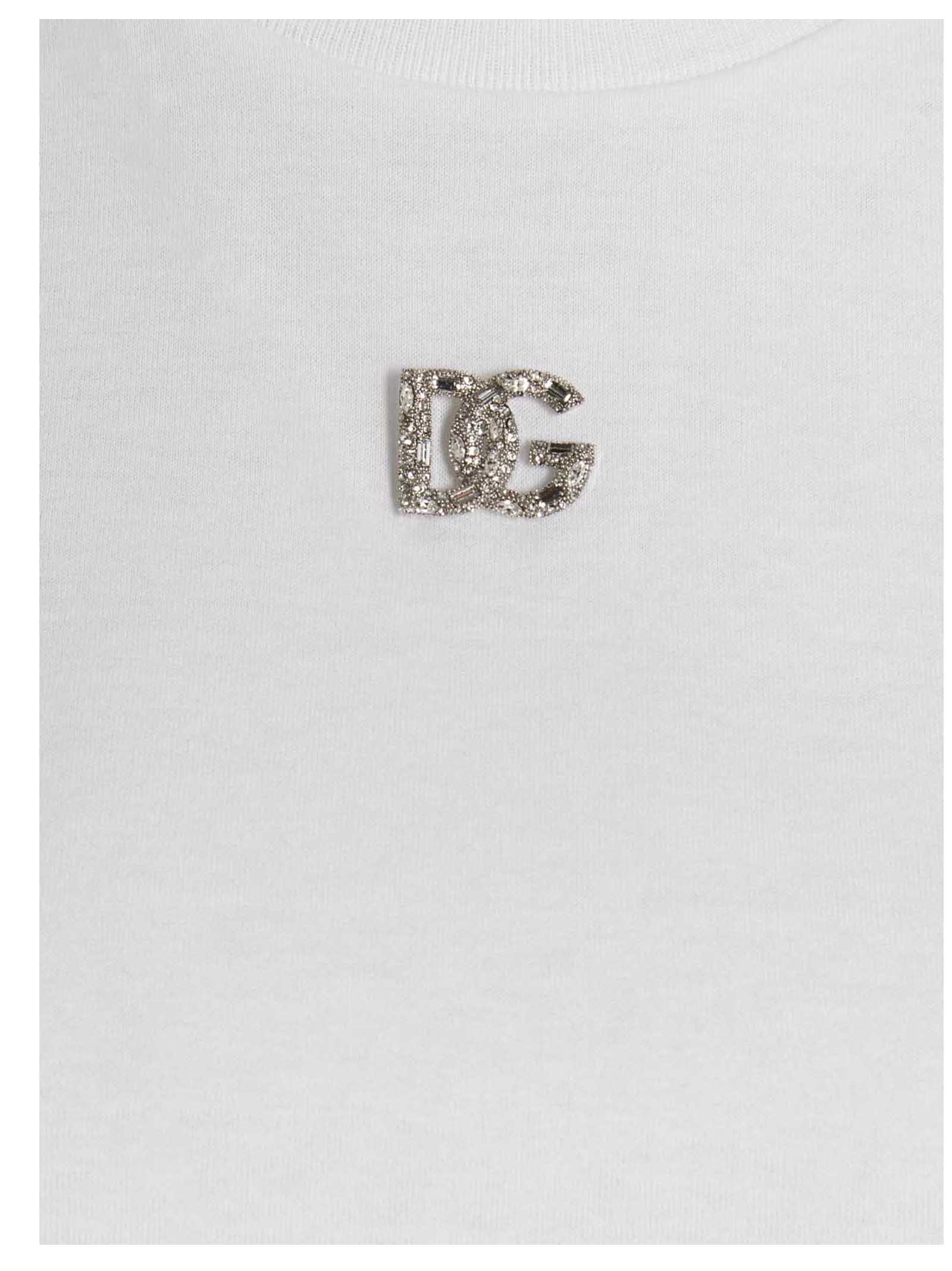 Dolce & Gabbana White T-shirt With Dg Logo On The Front Finished With Rhinestones In Cotton Woman In White