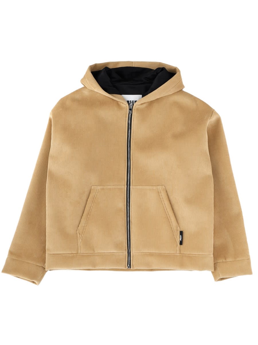 Msgm Hooded Jacket With Kangaroo Pocket And Ribbed Cuffs In Neutral