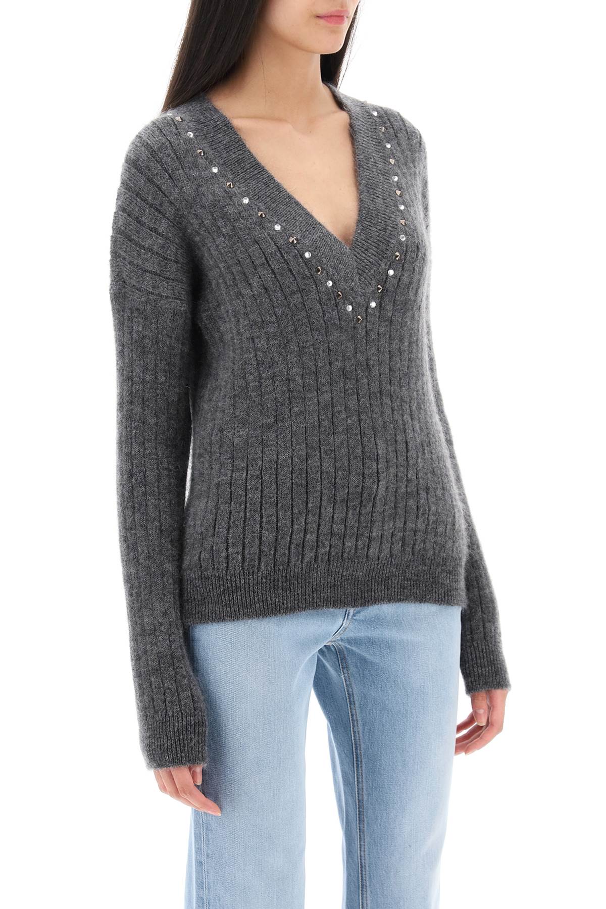 Shop Alessandra Rich Wool Knit Sweater With Studs And Crystals In Grey Melange (grey)