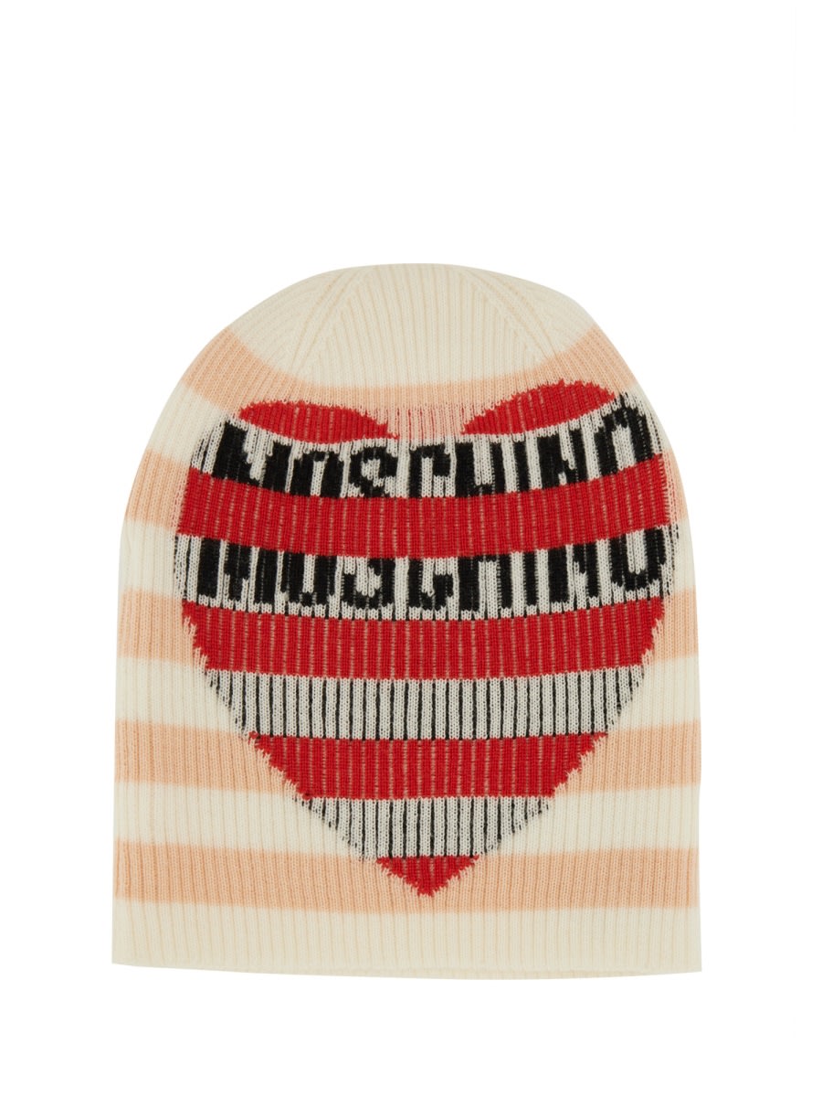 Moschino Heart Pattern Ribbed Soft Striped Hat In Multi