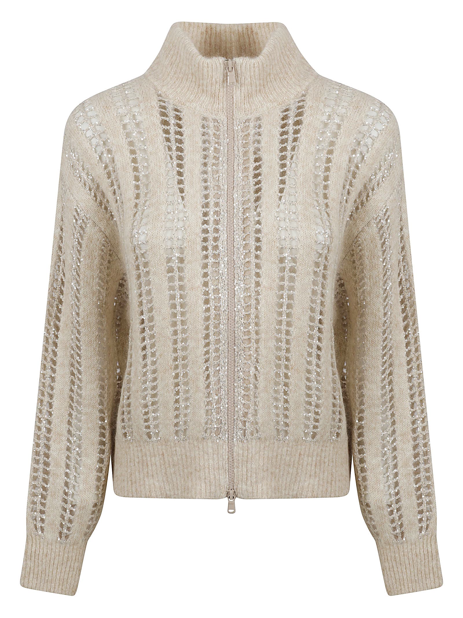 Shop Brunello Cucinelli Glittery Zipped Cardigan In Beige/stracciatella/seashell