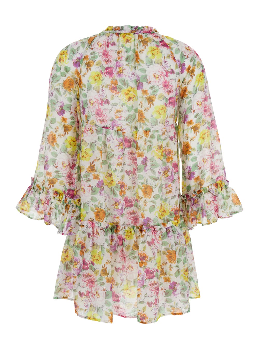 Shop Anjuna Lara Multicolor Short Dress With Ruched Sleeves And All-over Floral Motif In Cotton And Silk Blend W