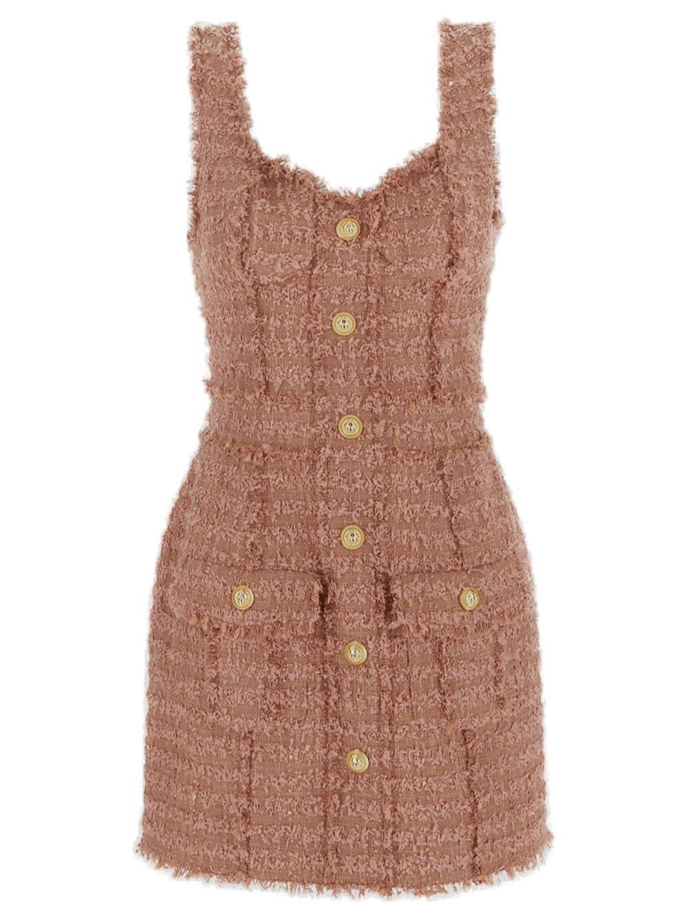 Balmain Button-embossed Strapped Tweed Short Dress In Pink