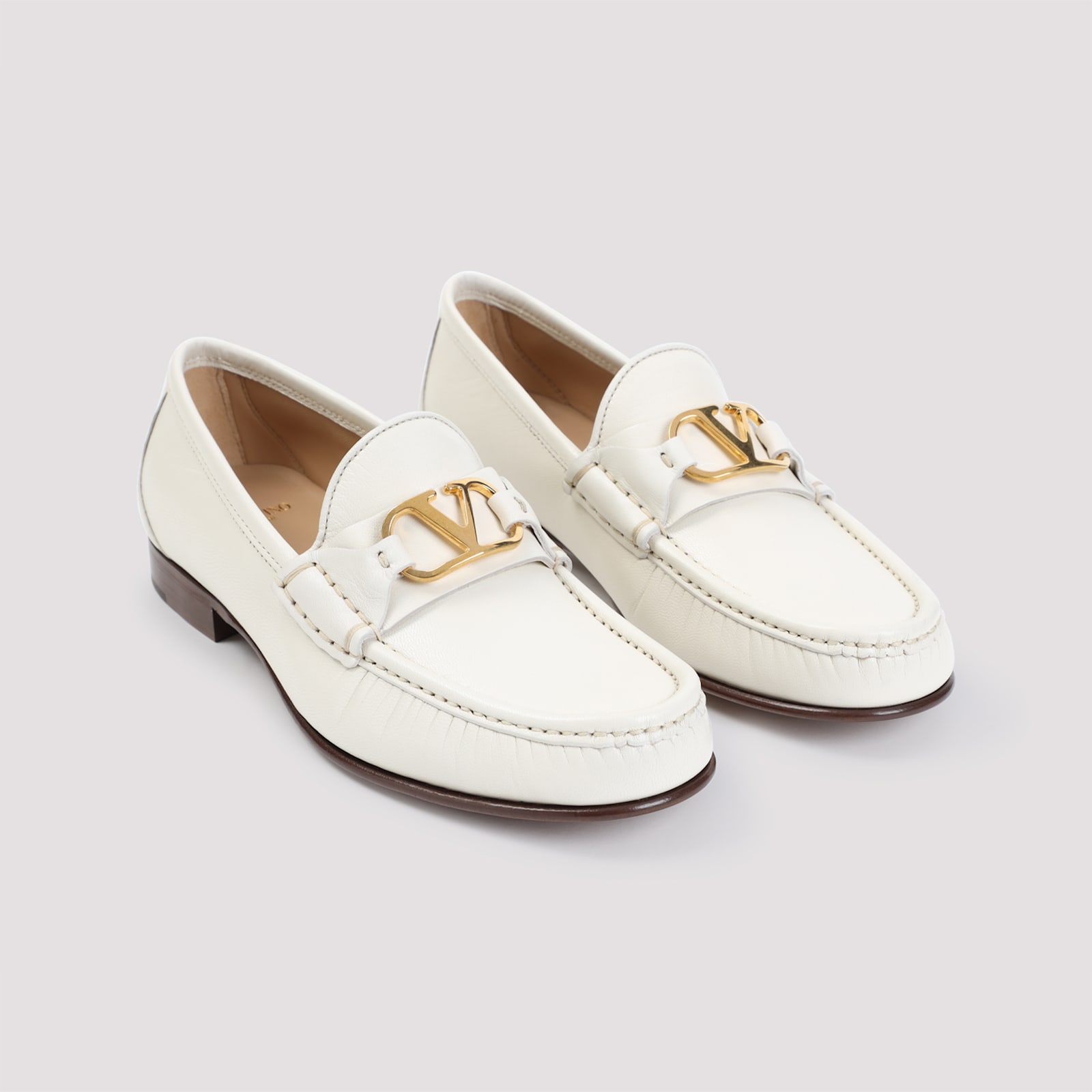 Valentino Ivory Leather Loafer With Golden Metal V Logo