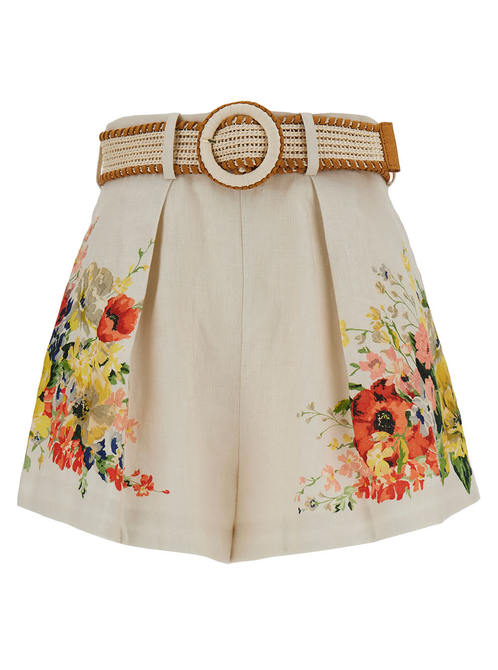 Shop Zimmermann White Shorts With Floreal Print And Belt In Linen Woman In Multicolor