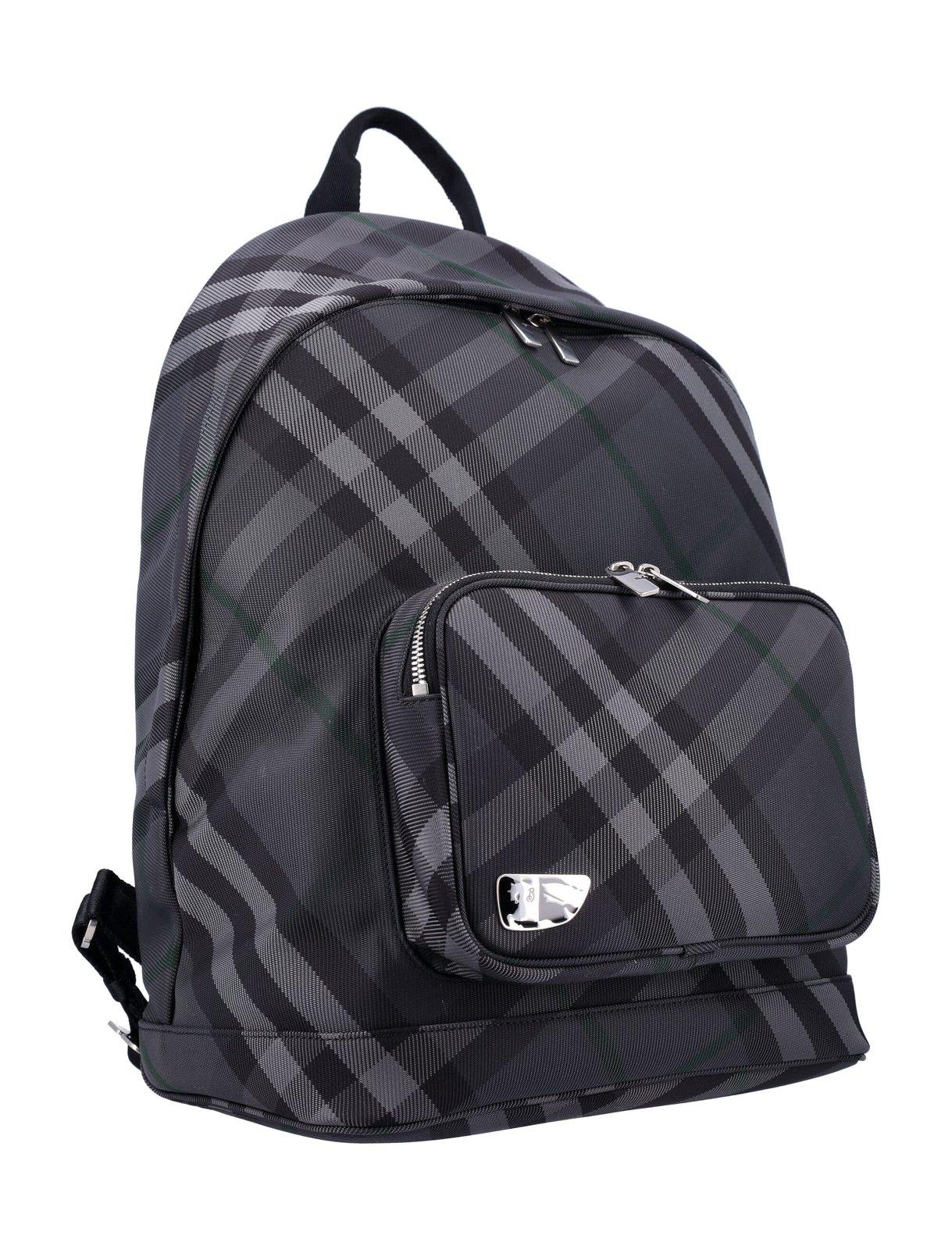 Shop Burberry Grid Check Printed Zipped Backpack In Grey