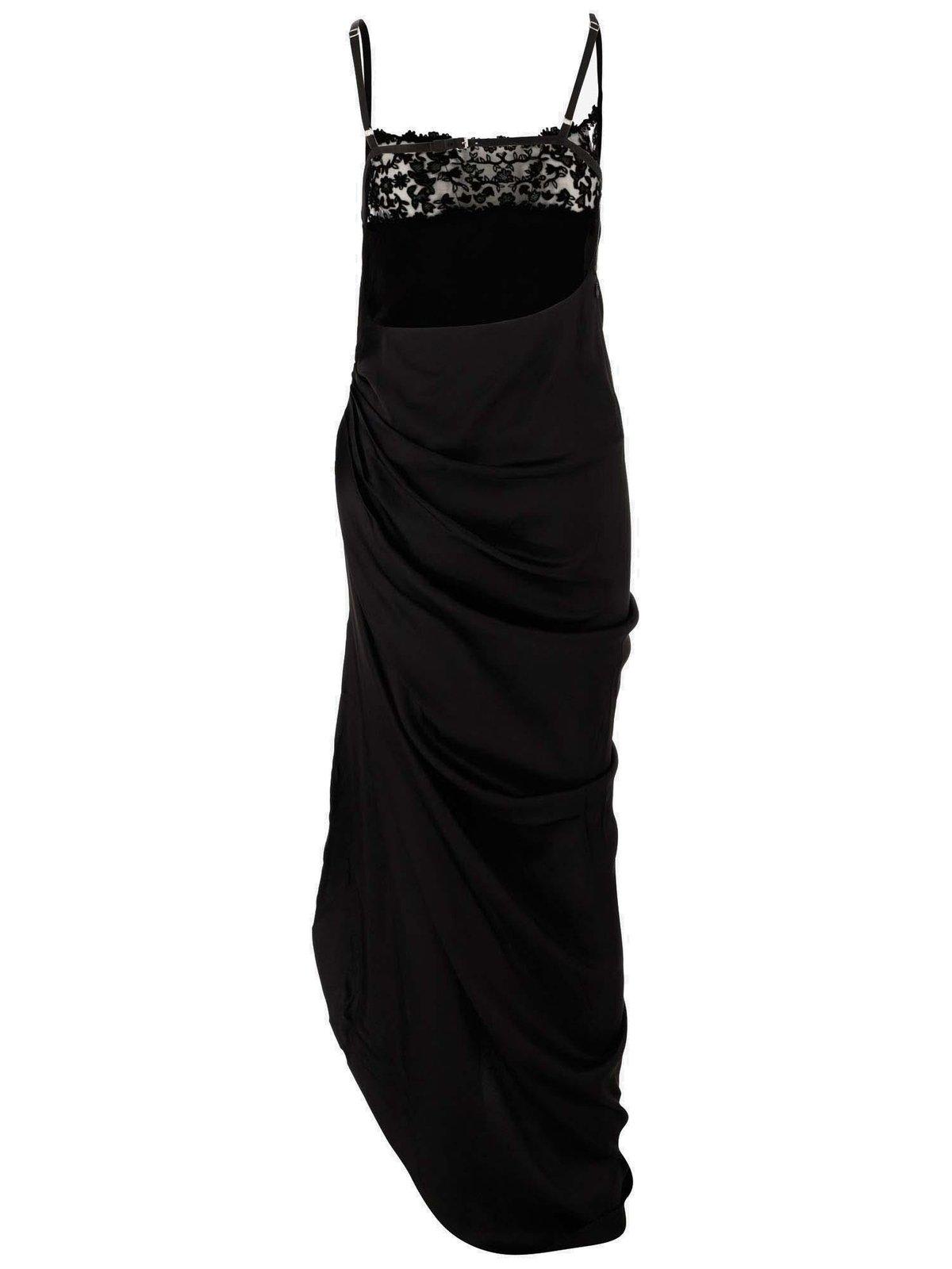 Jacquemus La Saudade Longue Brodée Asymmetric Draped Embroidered Woven Maxi Dress In Black