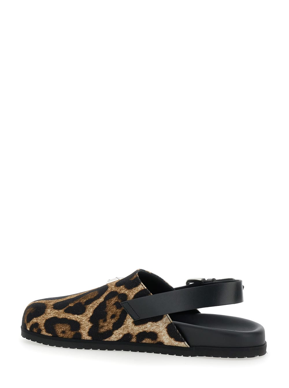 Dolce & Gabbana Brown Mules With Logo Plaque On The Front And Leopard Motif In Leather And Cotton Bl In Brown