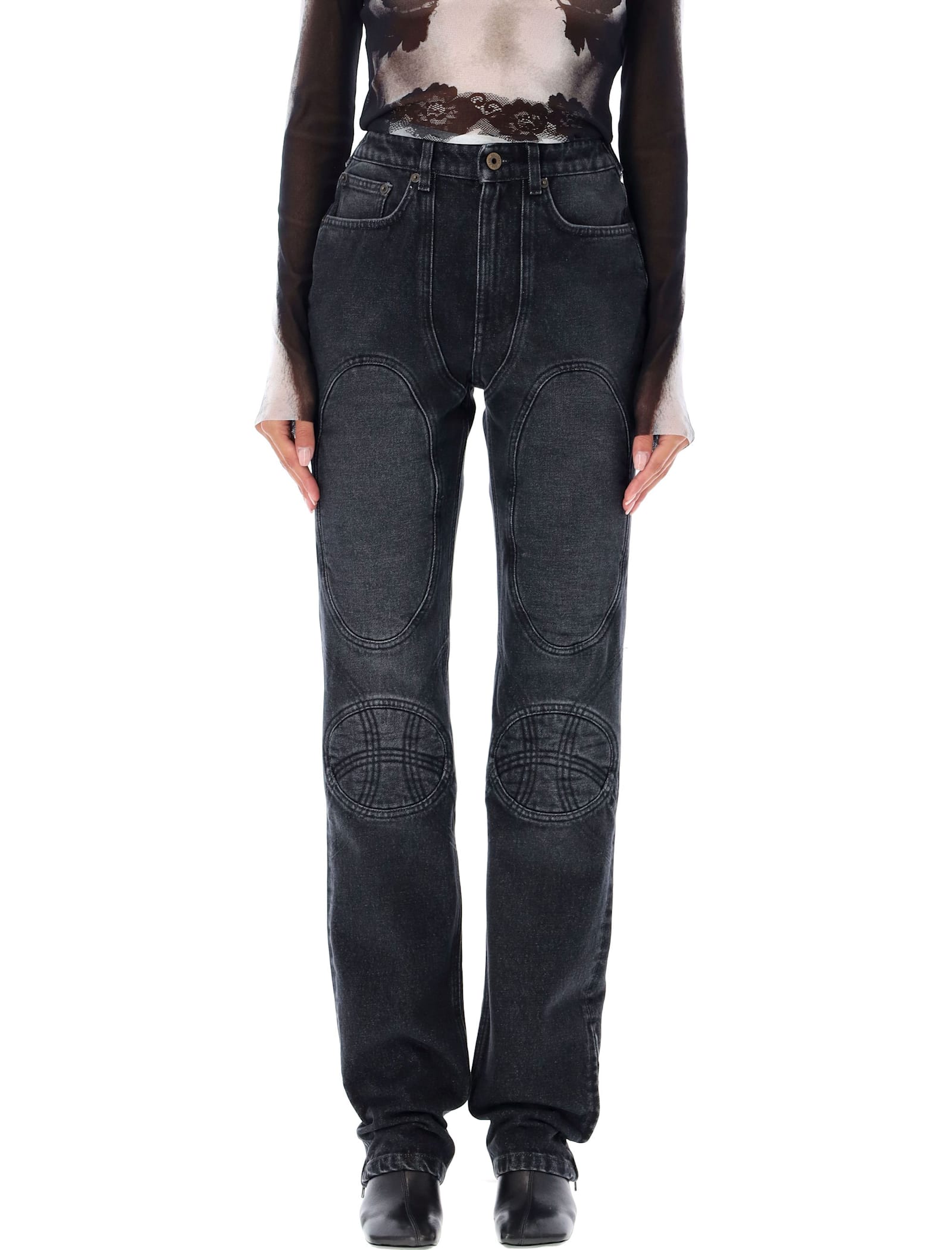 Shop Jean Paul Gaultier Lacing Knee Bonded Jeans In Vintage Black