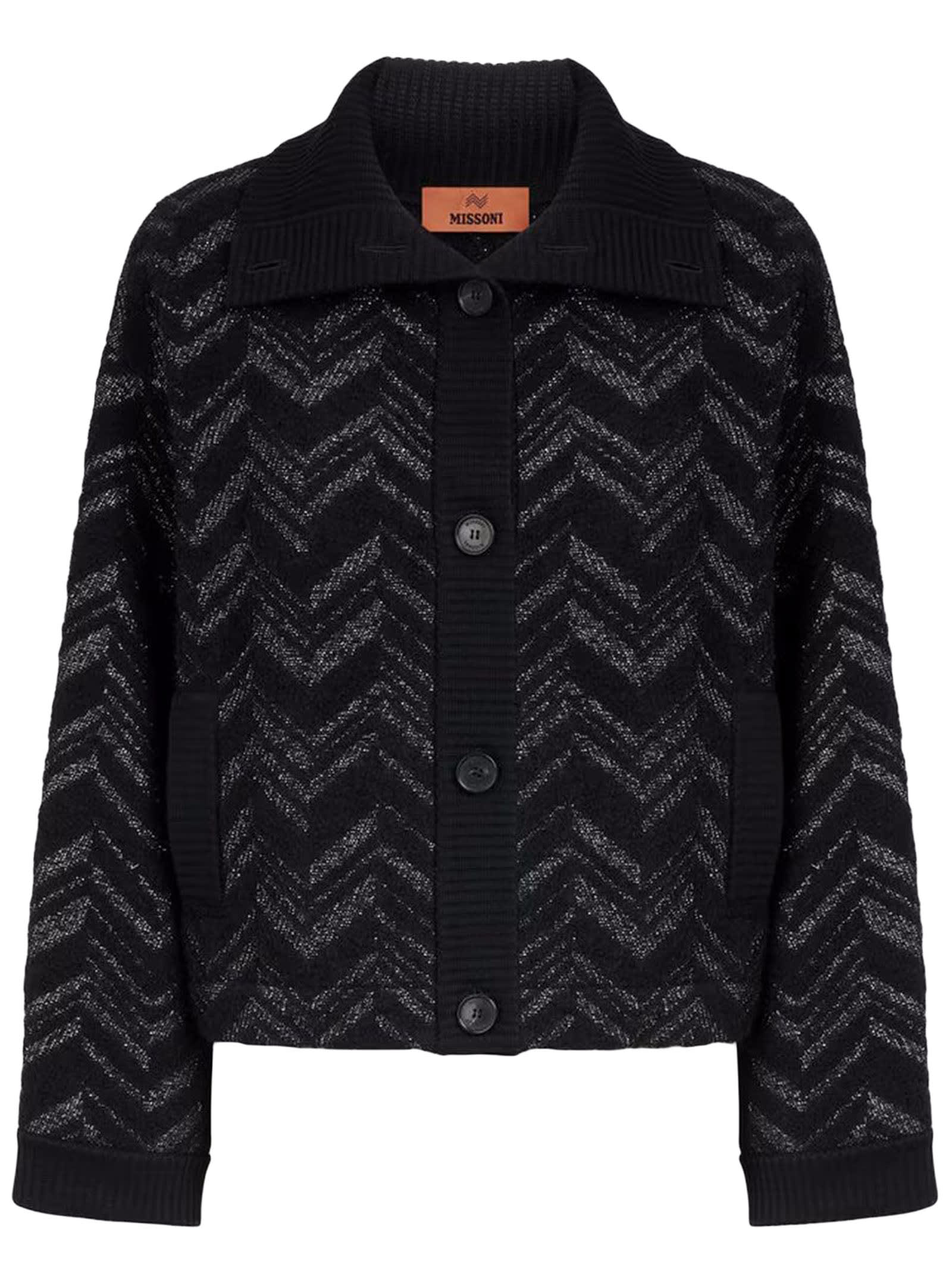 Shop Missoni Bouclé Knit Jacket With Lamé Chevron In Nero/argento