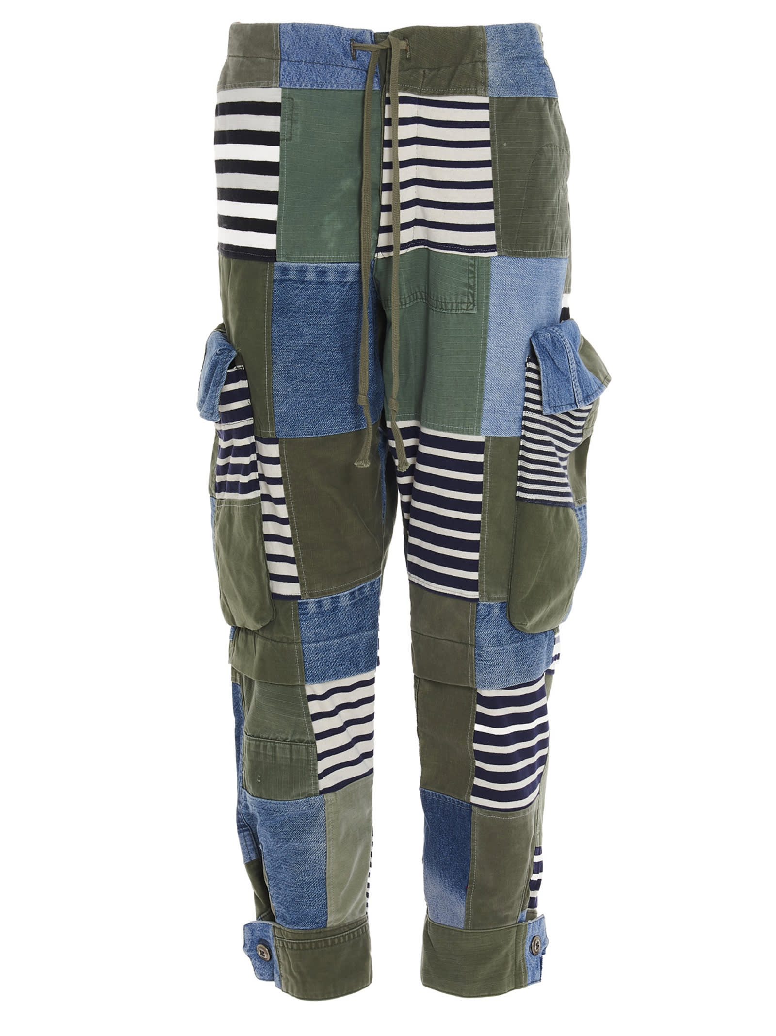 Greg Lauren Army/denim Striped Scrapwork Lounge Pants In Multicolor