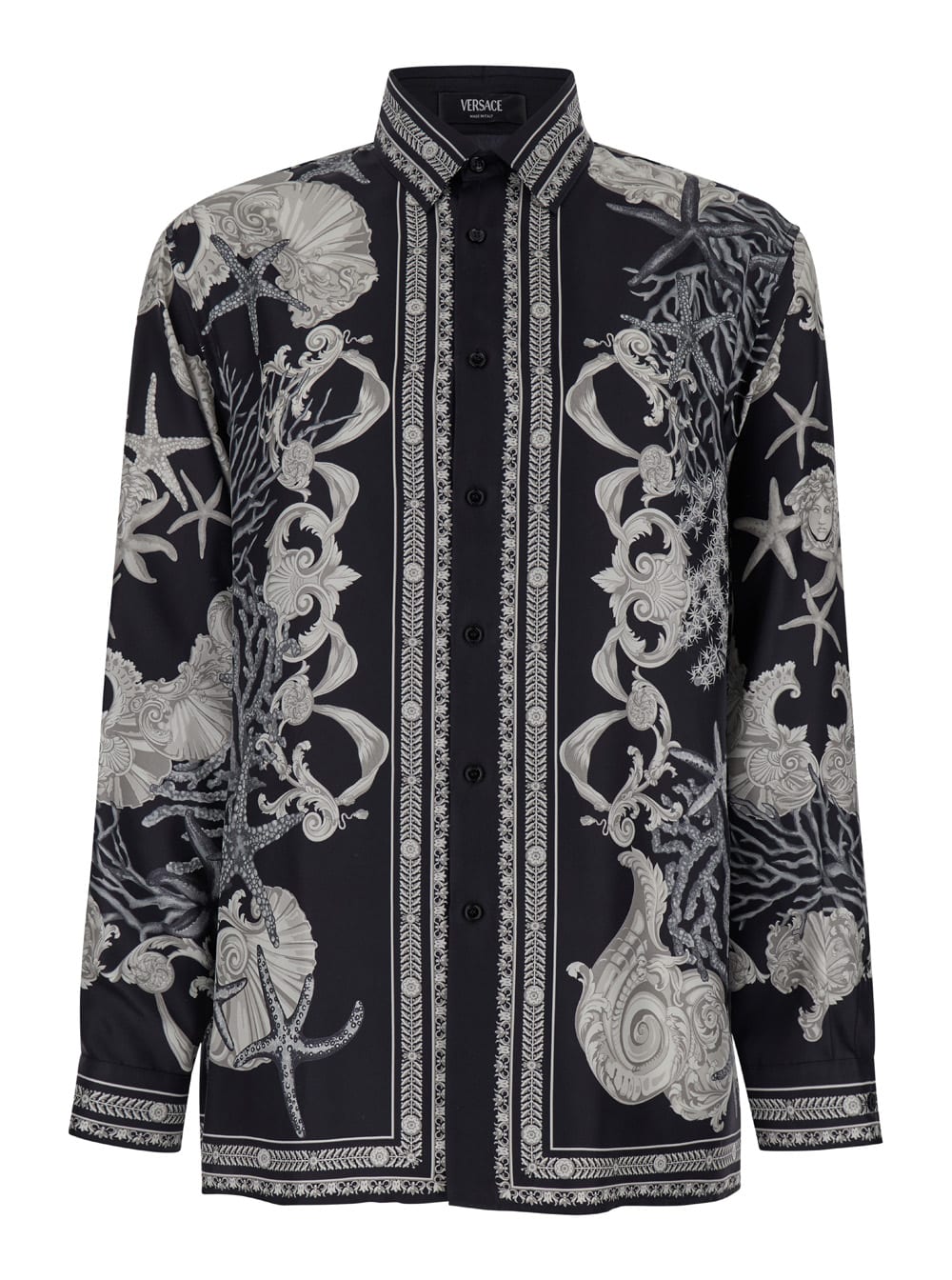Shop Versace Black Shirt With All-over Barocco Sea Print In Silk Man