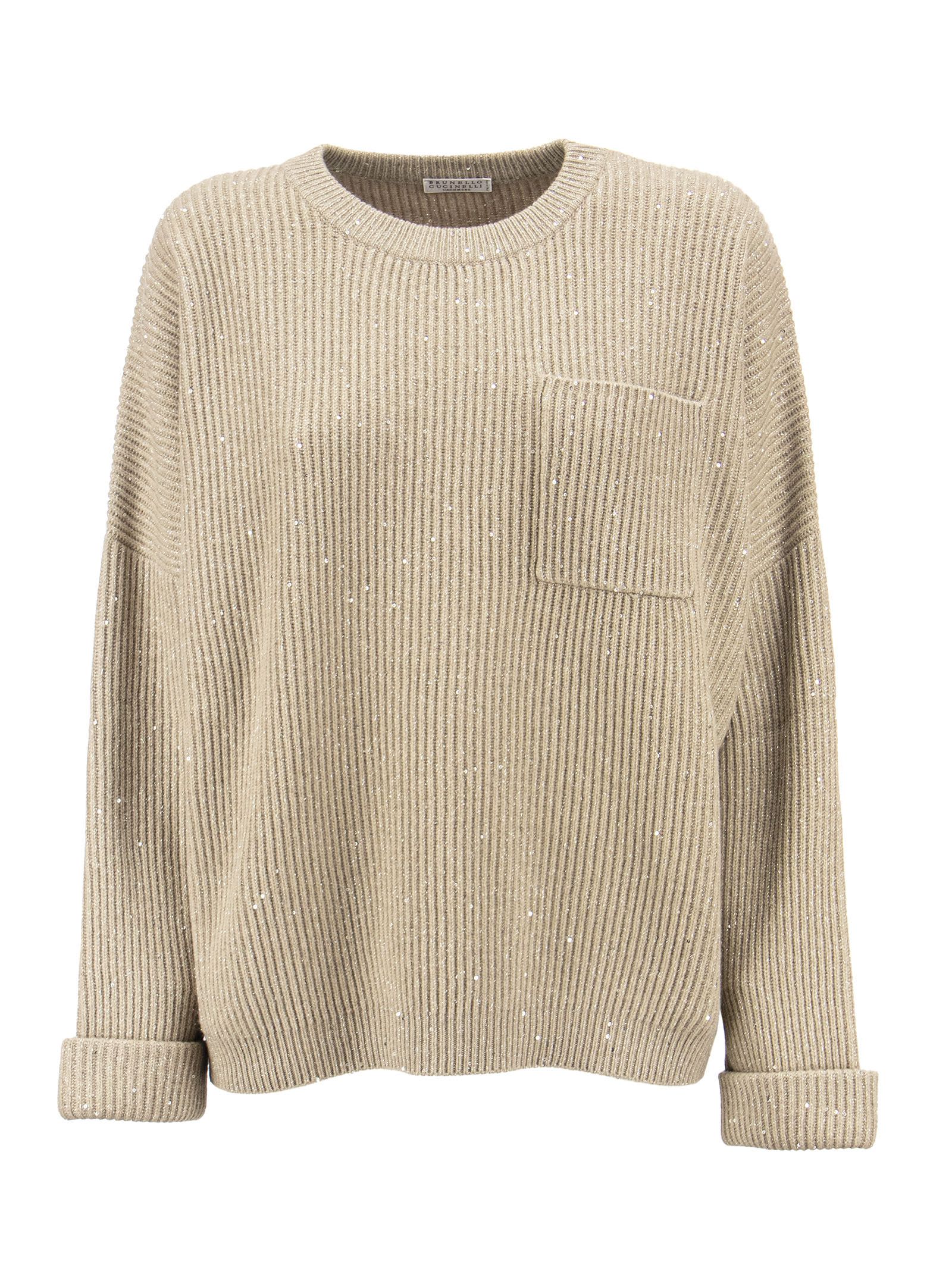 Brunello Cucinelli Dazzling & Sparkling Cashmere And Wool Rib Sweater With Breast Pocket