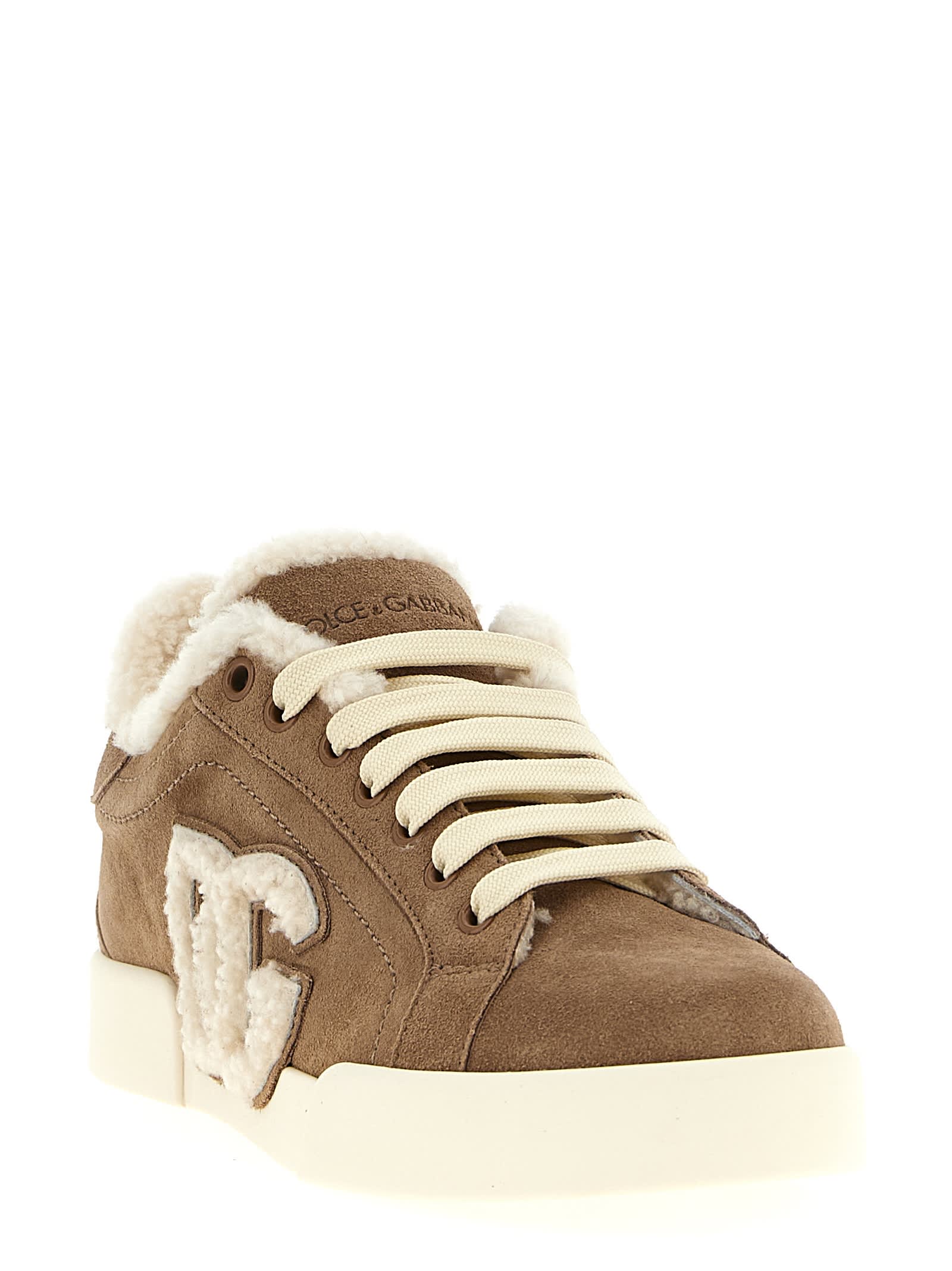 Dolce & Gabbana Suede Sneakers With Shearling Lining Shoes In Brown