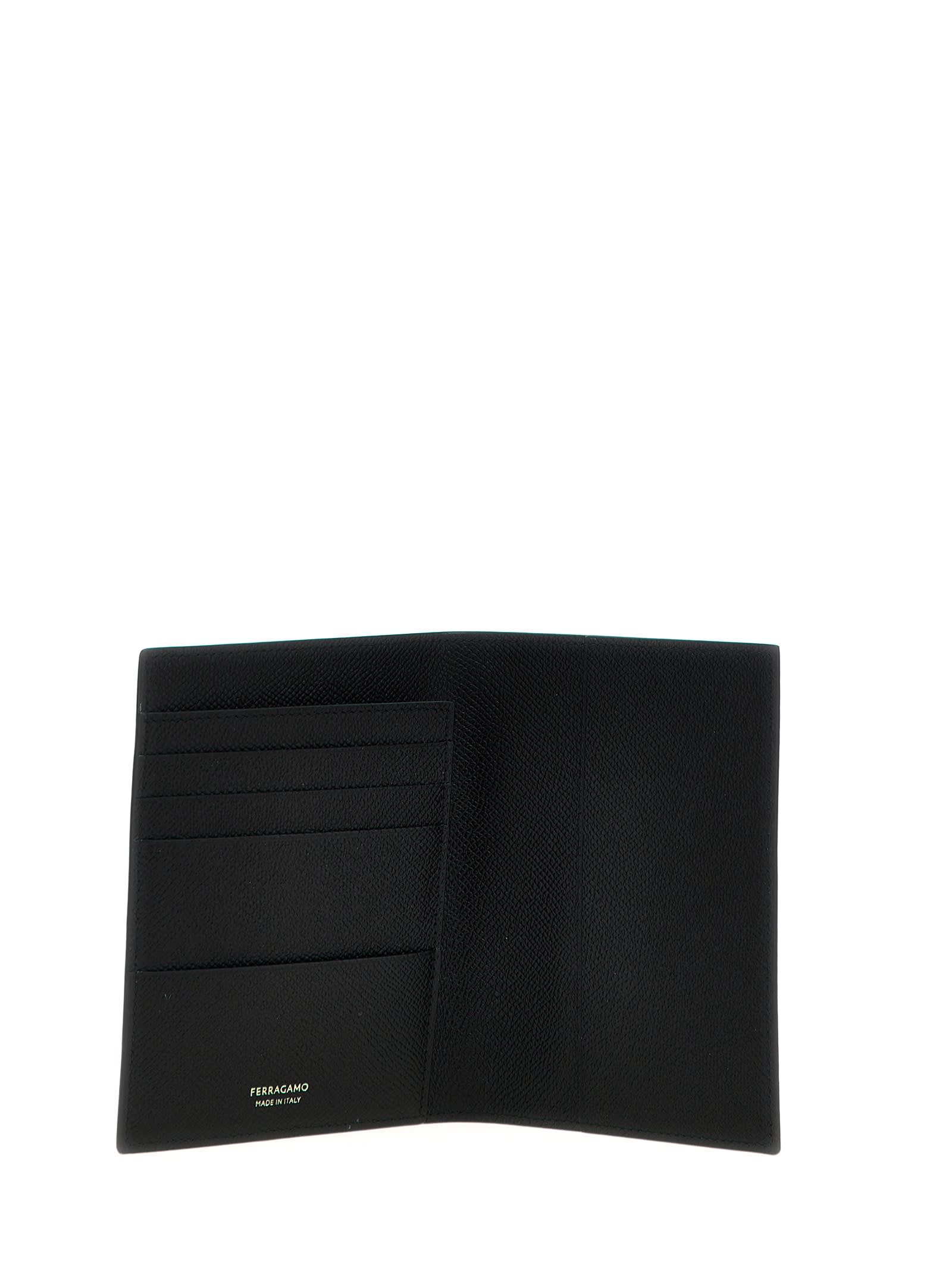 Ferragamo Black Cardholder With Gold-tone Gancini Logo In Calf Leather Man In Black