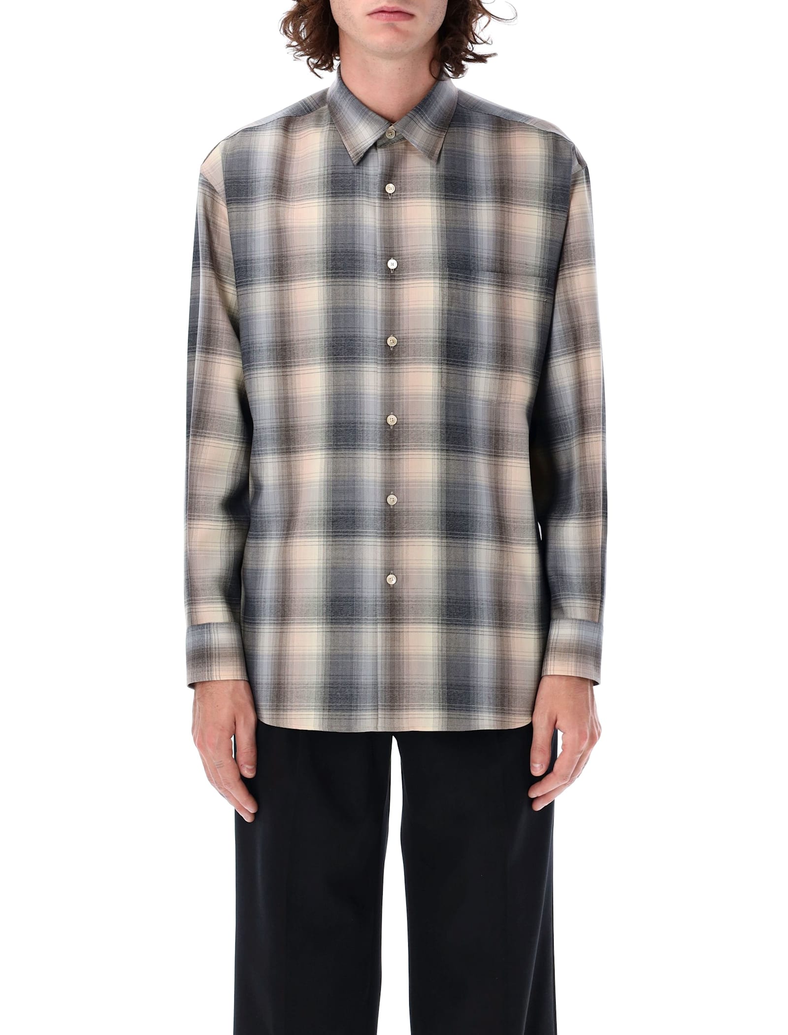 Shop Auralee Super Light Wool Check Shirt In Beige Blu Check