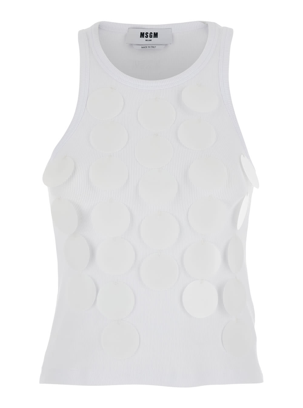 Msgm White Top With Round Neck And Applied Circle Details In Cotton Woman