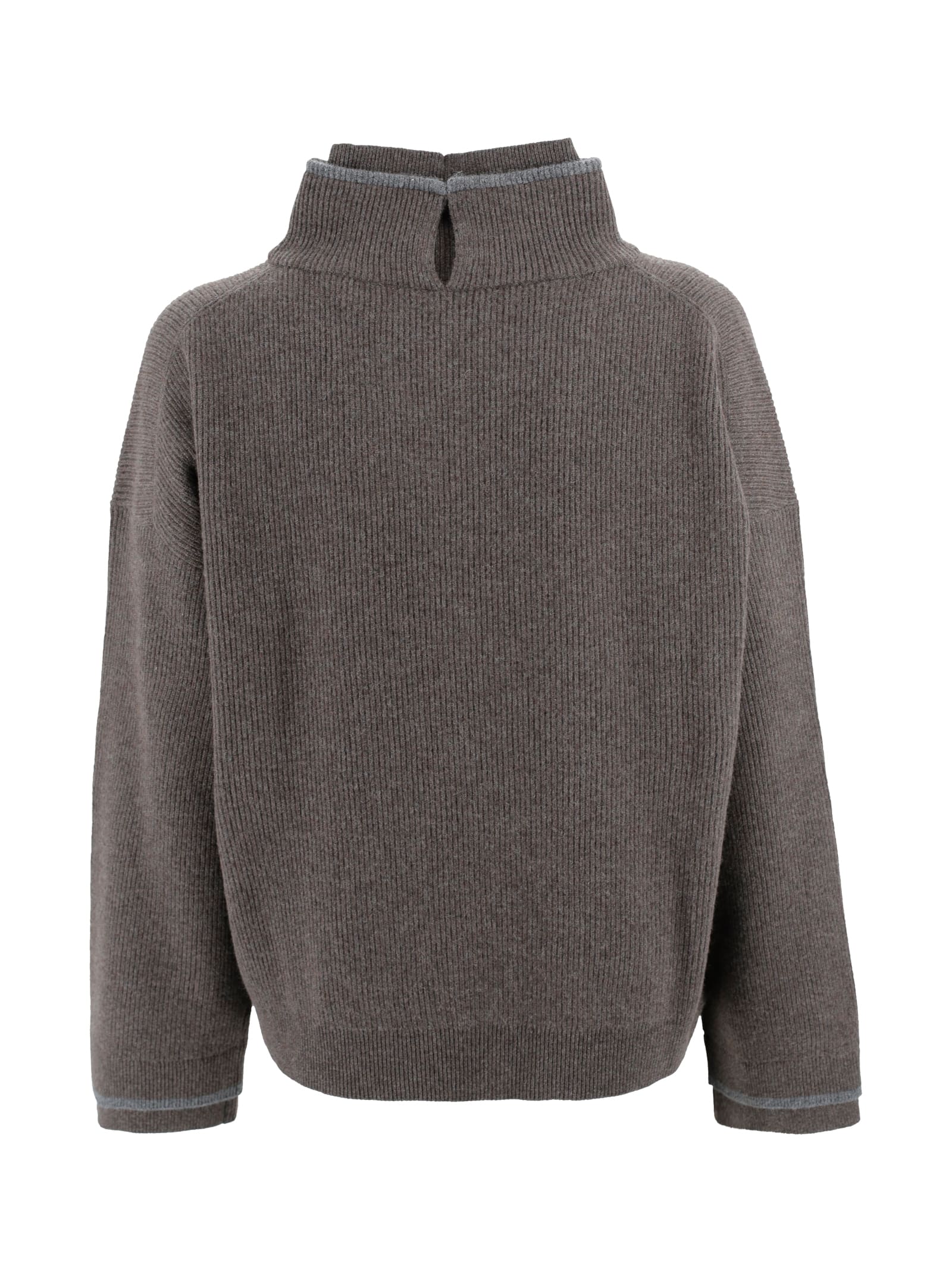 Brunello Cucinelli Knitwear With High Collar And Double Trim In Brown