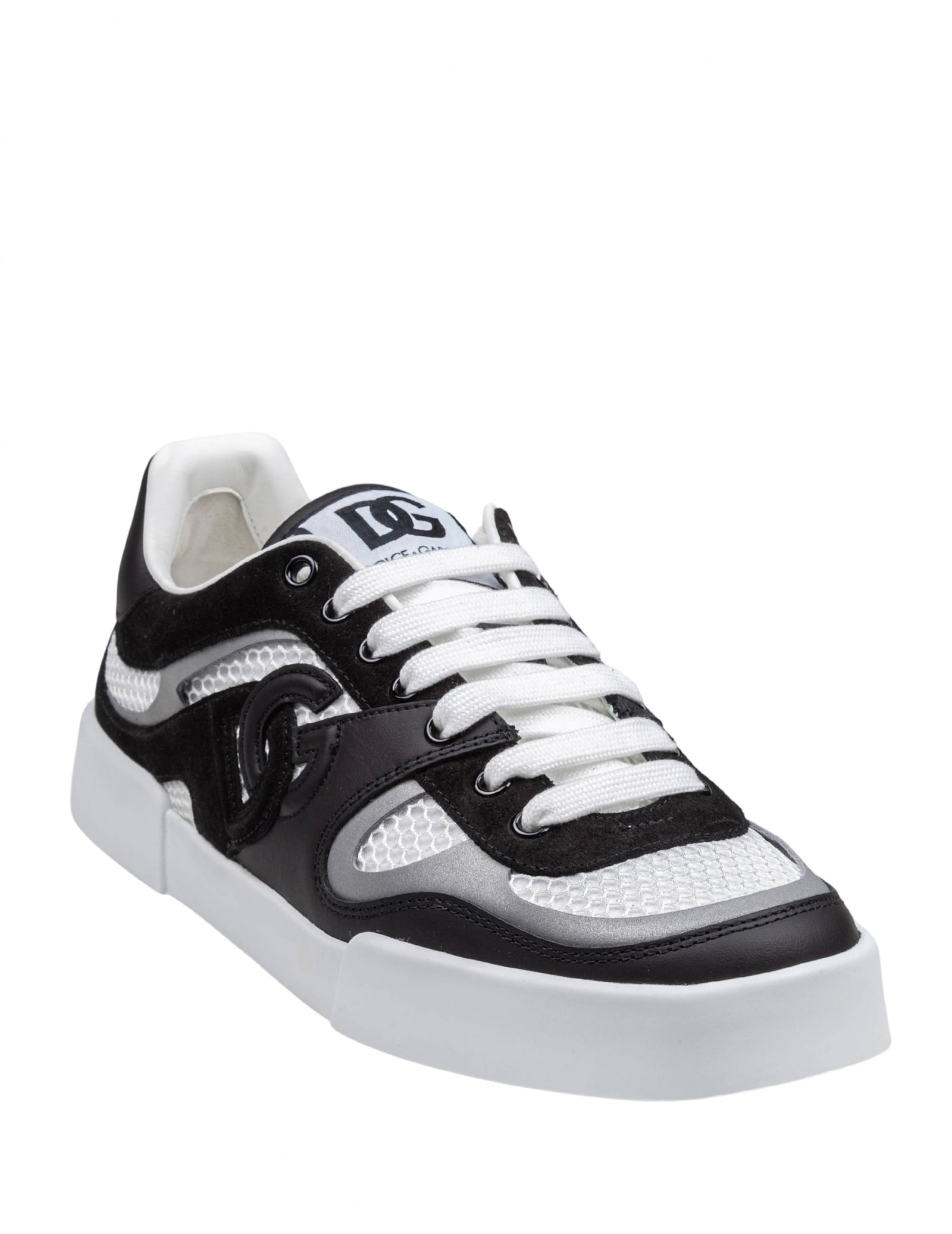 DOLCE & GABBANA PORTOFINO STROBEL LIGHT SNEAKERS IN LEATHER AND FABRIC COLOR BLACK AND WHITE