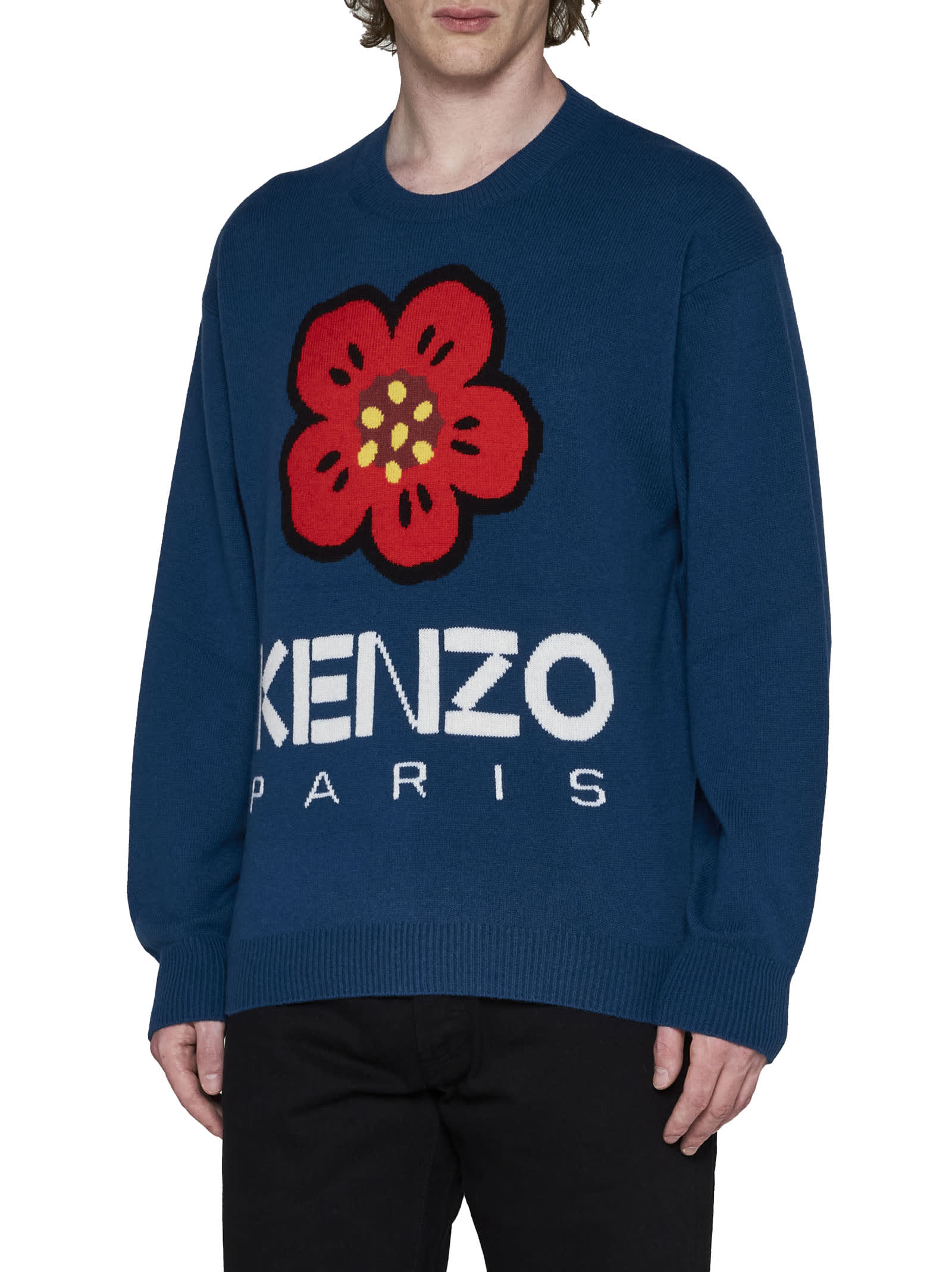 Kenzo Logo And Flower Wool Sweater In Bleu Canard