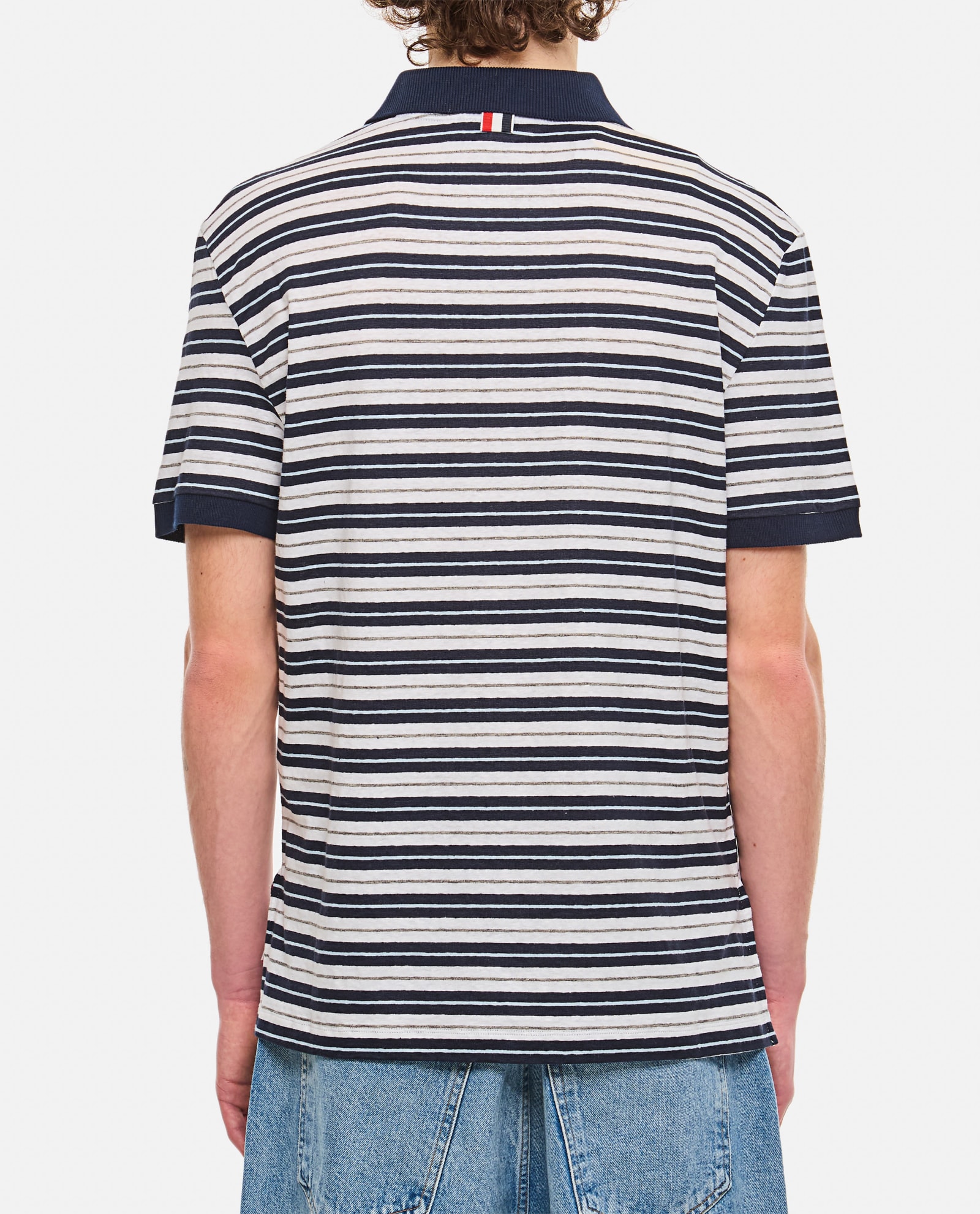Shop Thom Browne Linen Striped Polo In Navy