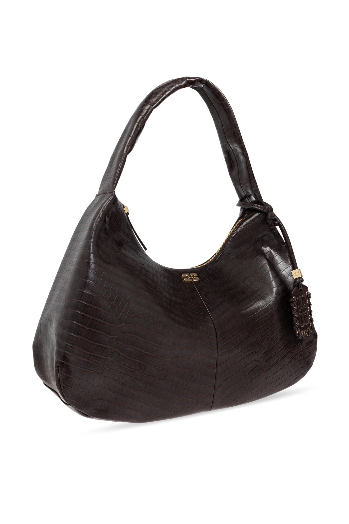 Ganni Xxl Croc-embossed Leather Shoulder Bag In Brown