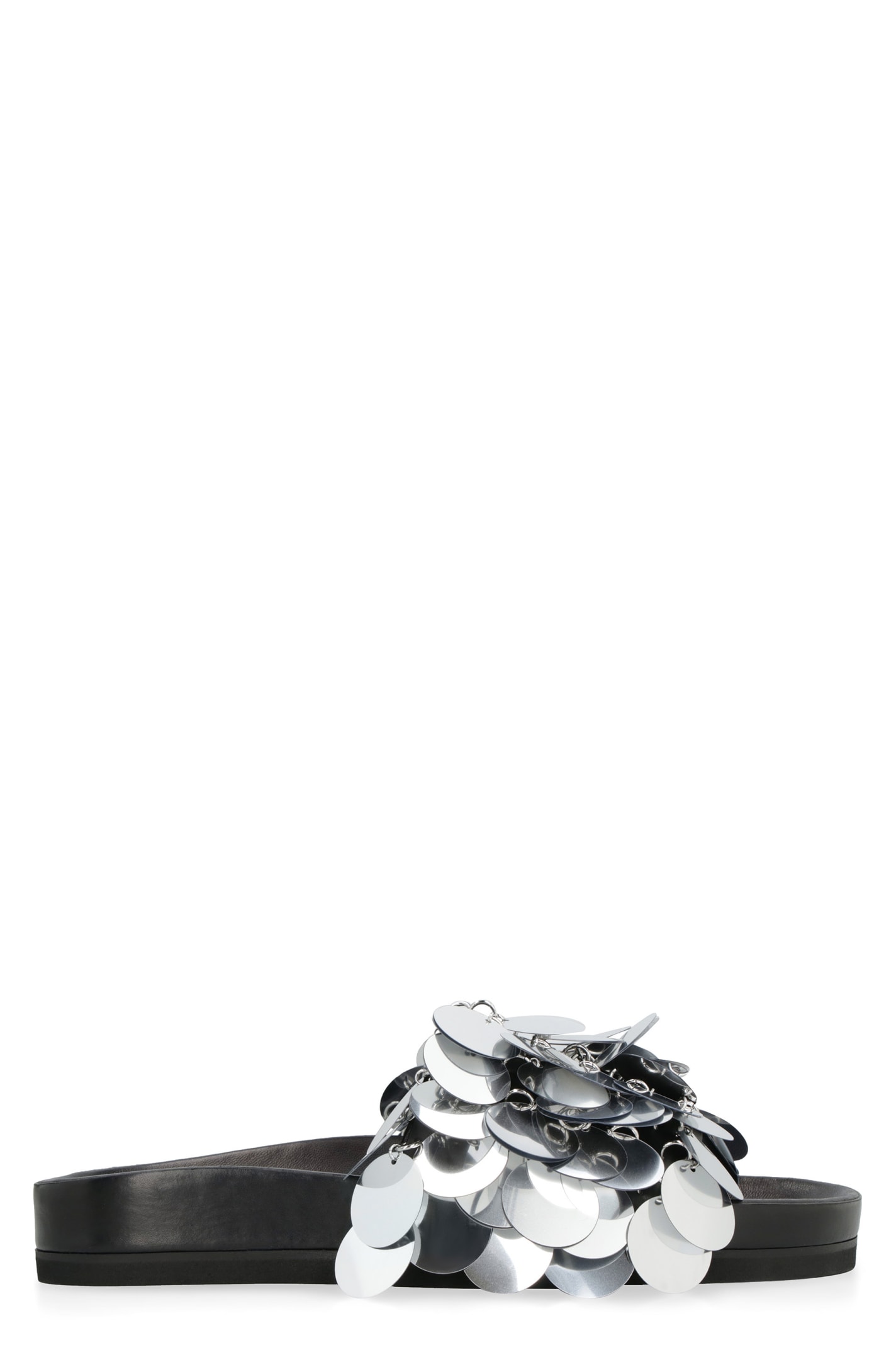 Shop Rabanne Sparkle Leather Slides With Decorative Applique In Silver