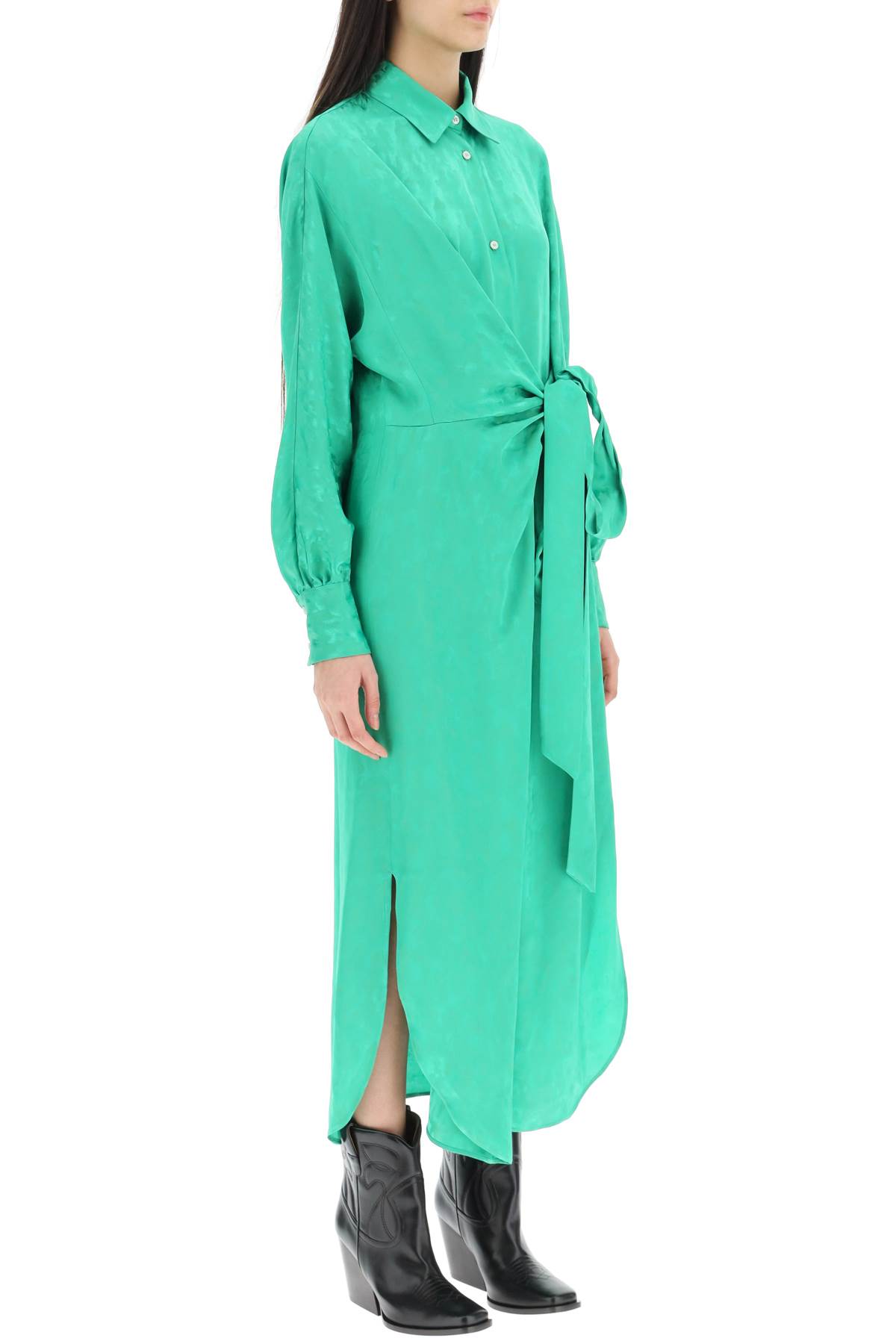 Shop Msgm Jacquard Satin Shirt Dress In Tropical Green (green)