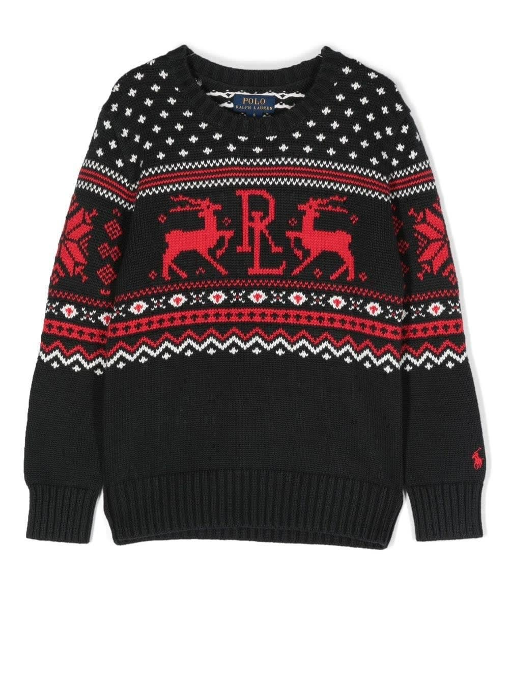 Ralph Lauren Kids Sweater In Black Cotton With Red Reindeer