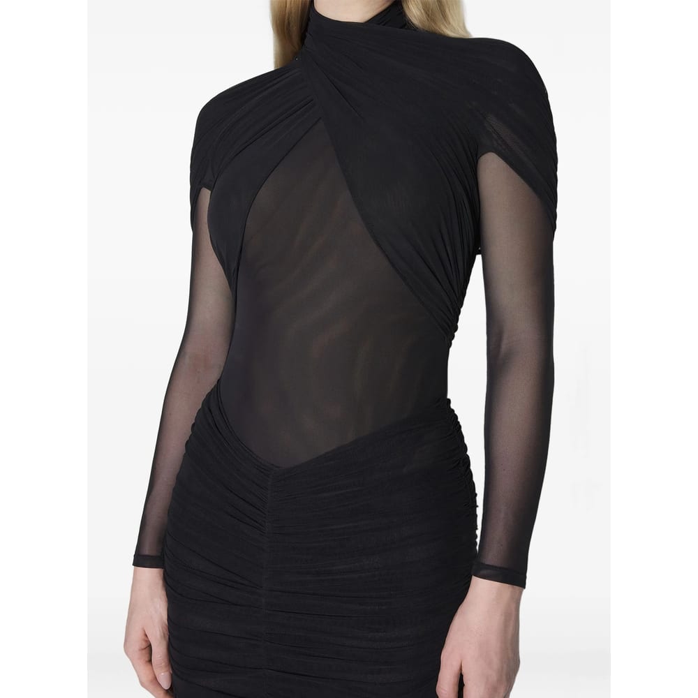 Mugler Long Sleeve Draped High Neck Top In Black
