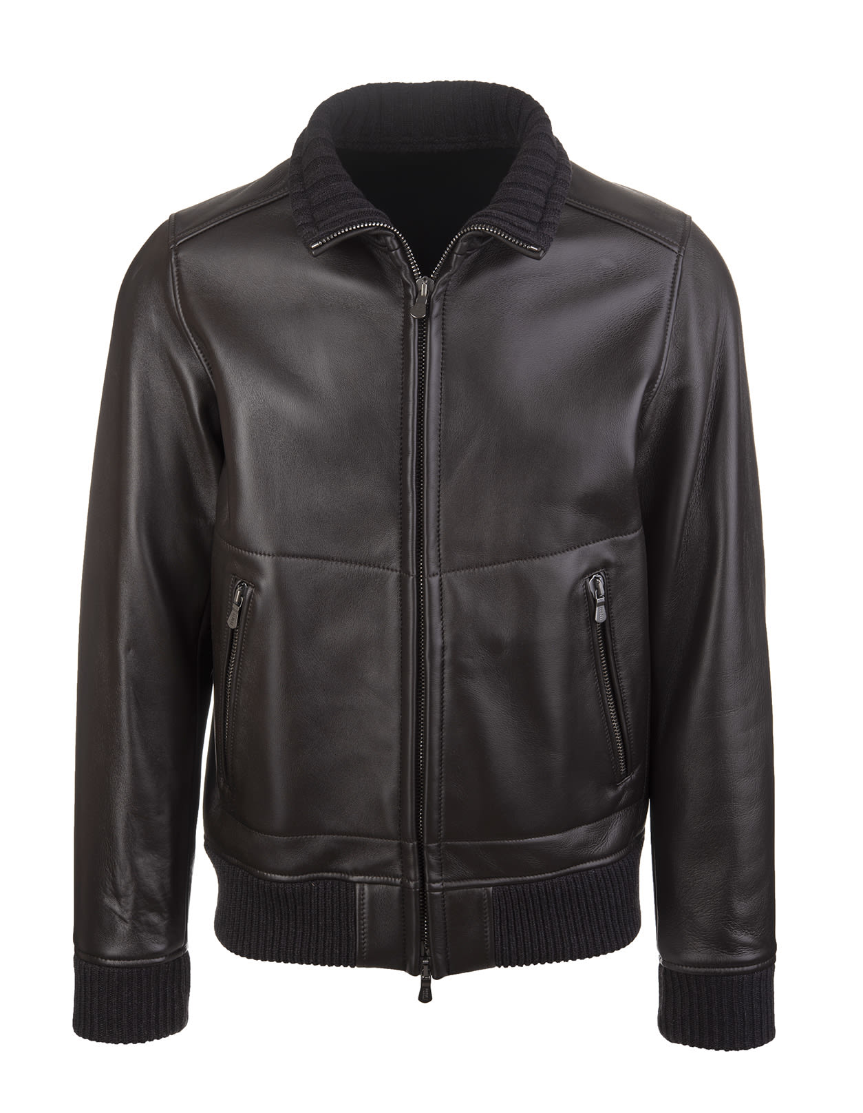 Fedeli Dark Brown Leather Man Bomber Jacket
