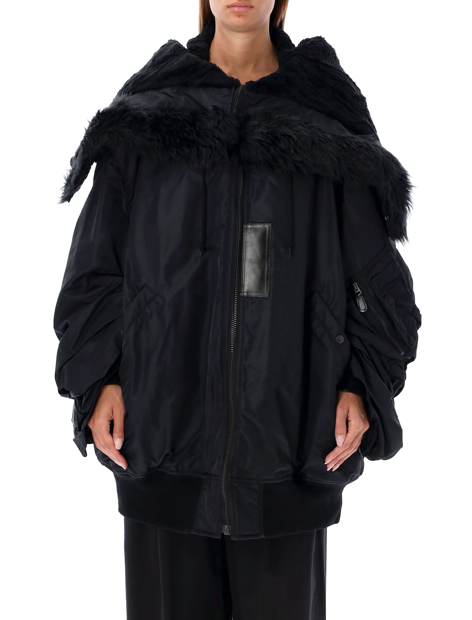 Shop Junya Watanabe Oversized Bomber Jacket With Faux Fur Collar In Black