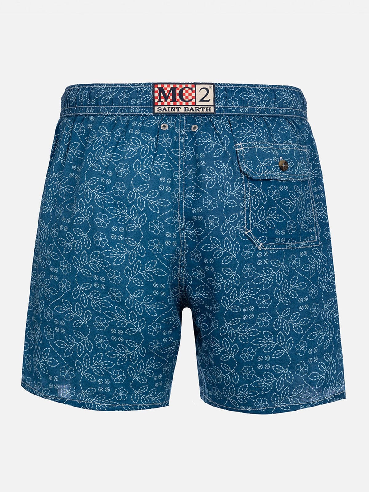 MC2 SAINT BARTH MAN MID-LENGTH LINEN SWIM-SHORTS GUSTAVIA WITH SASHIKO PRINT