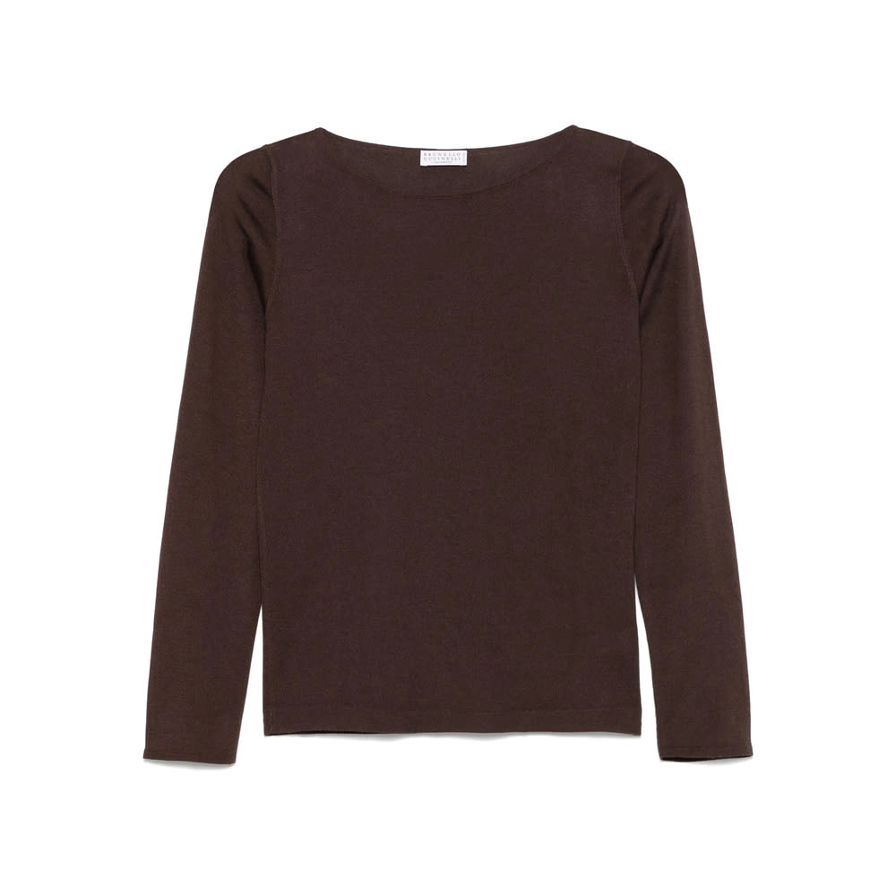 Brunello Cucinelli Cashmere Boat-neck Sweater Ribbed Texture In Brown