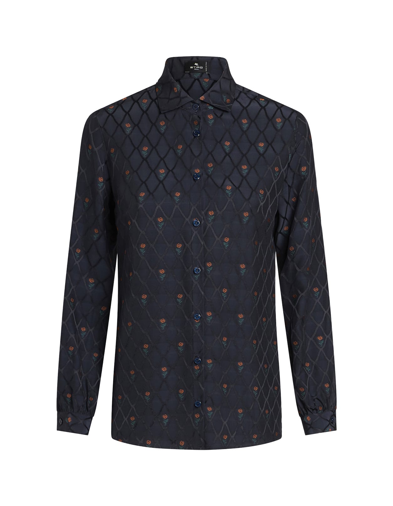 Shop Etro Navy Blue Jacquard Silk Shirt