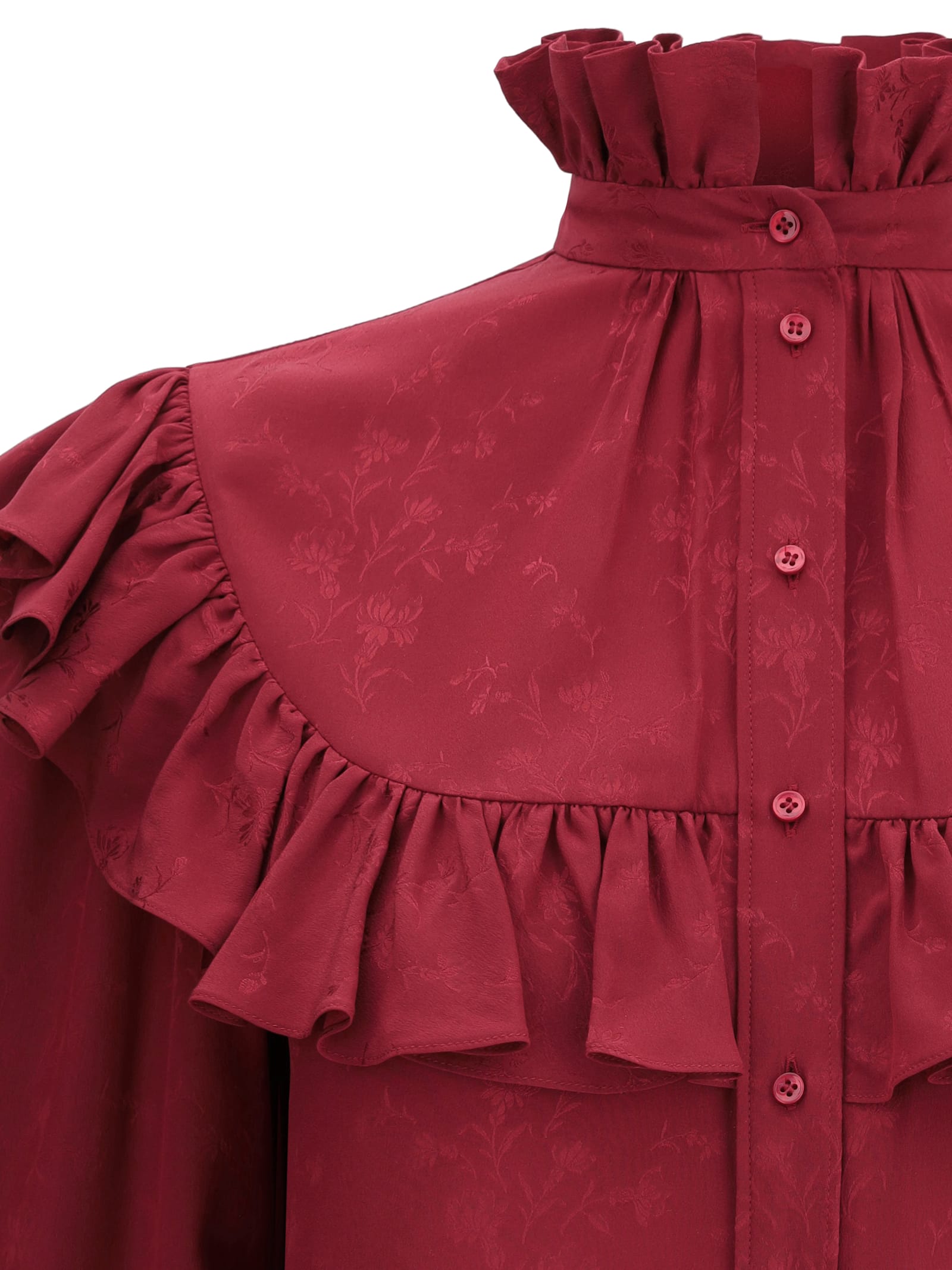 Saint Laurent Ruffled Floral Silk-jacquard Blouse In Red