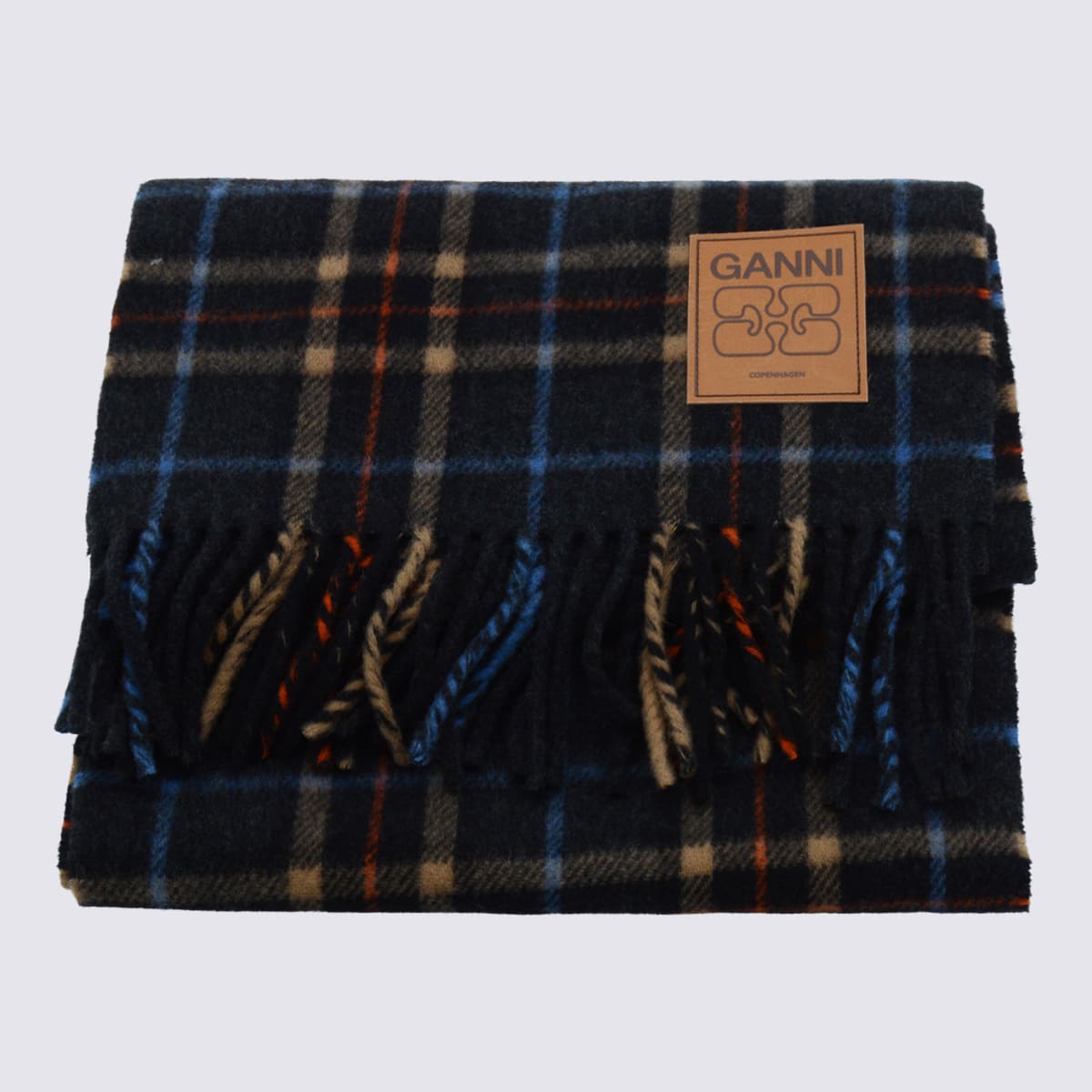 Ganni Fringed Plaid Pattern Scarf Accessory In Blue