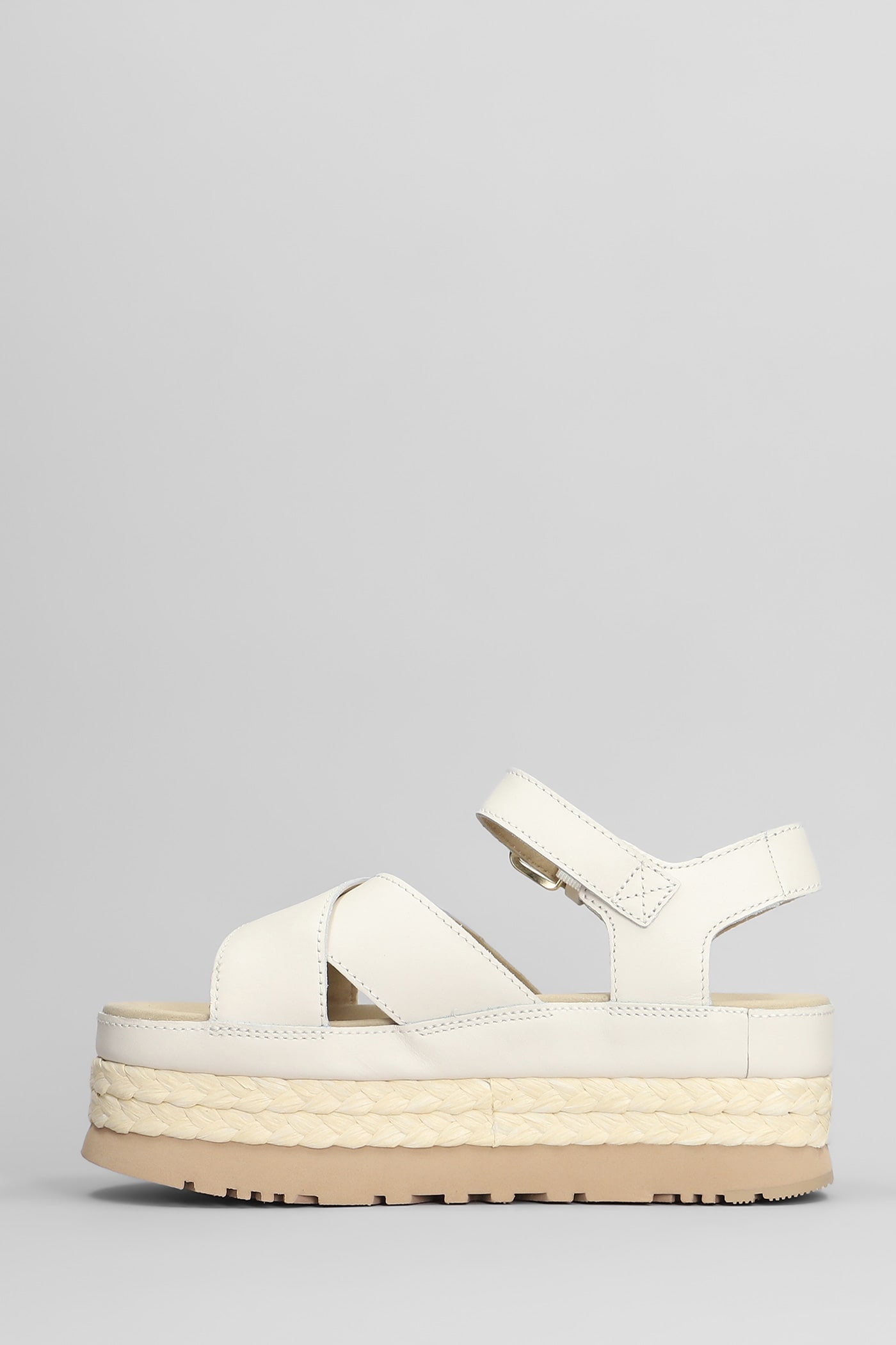 UGG AUBREY ANKLE STRAP WEDGES IN BEIGE LEATHER