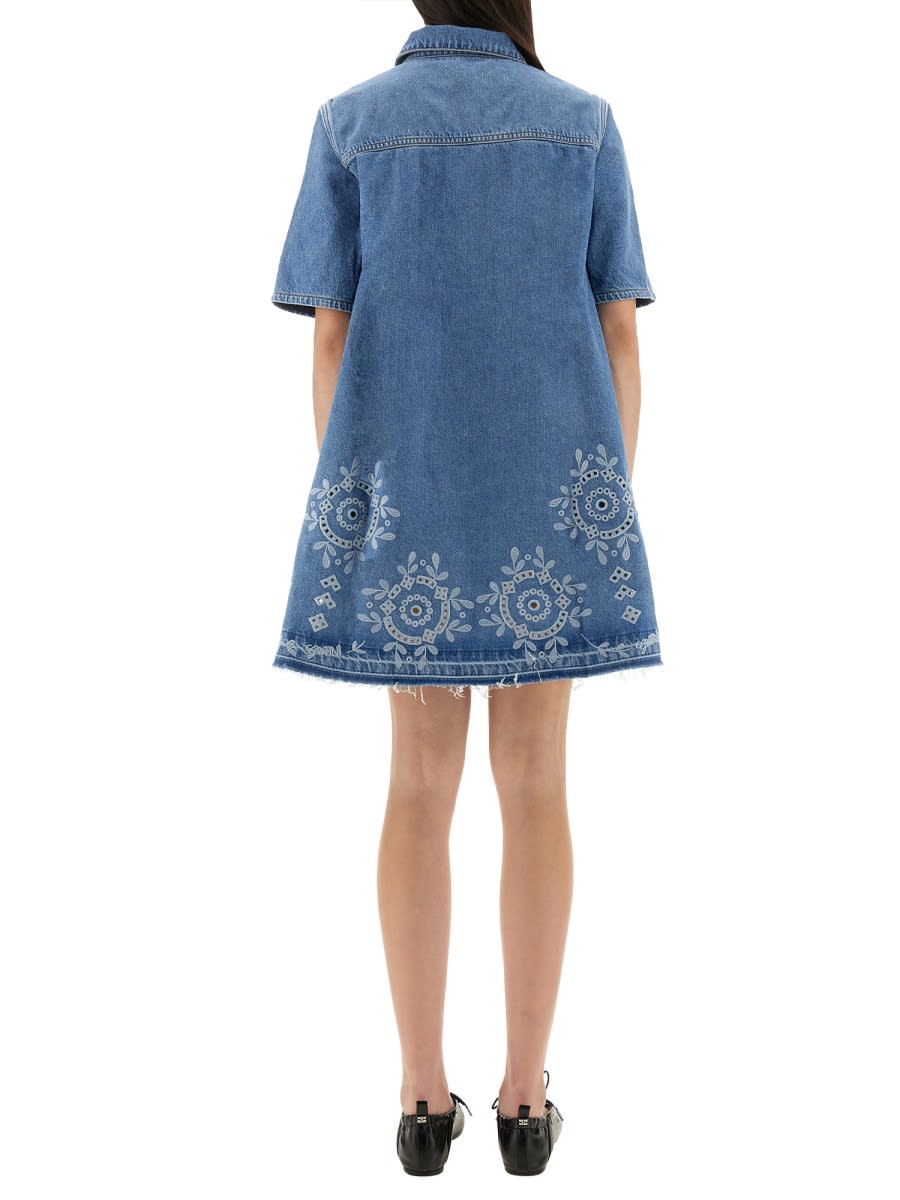 Ganni Denim Dress With Embroidered Hem And Pockets
